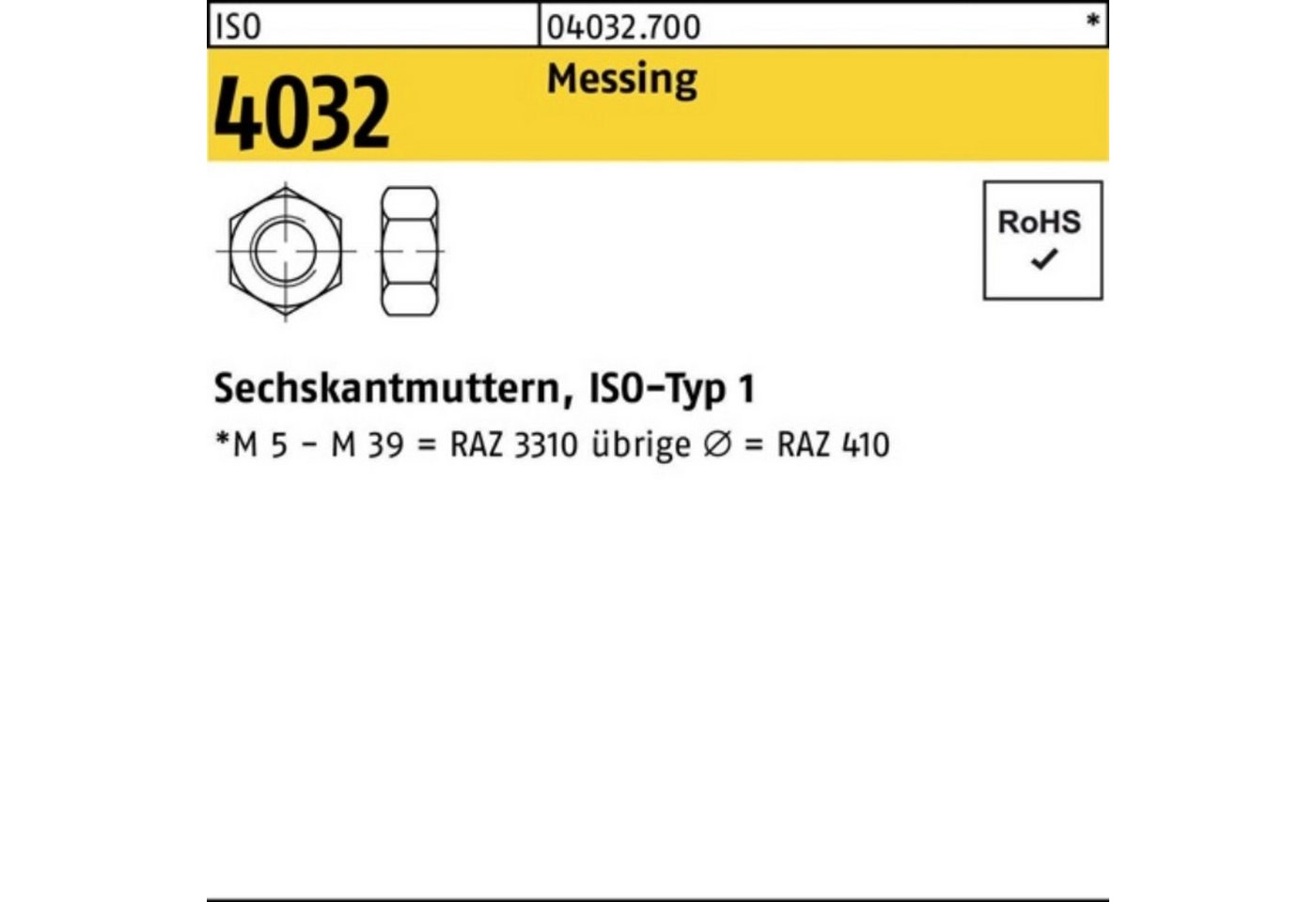 Bufab Muttern 500er Pack Sechskantmutter ISO 4032 M10 Messing 500 Stück ISO 4032 Me von Bufab