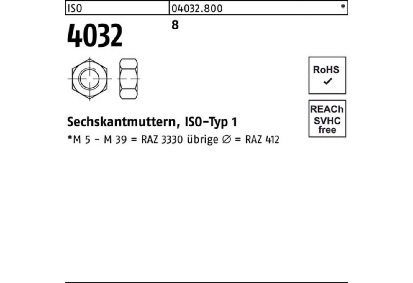 Bufab Muttern 500er Pack Sechskantmutter ISO 4032 M12 8 500 Stück ISO 4032 8 Sechsk von Bufab