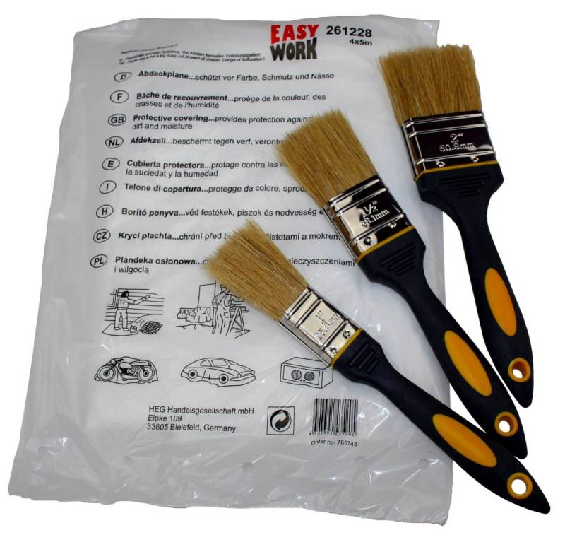 Easy Work Pinsel Pinselset Flachpinsel 25 - 50mm Malerpinsel Set mit Maler Abdeckfolie von Easy Work