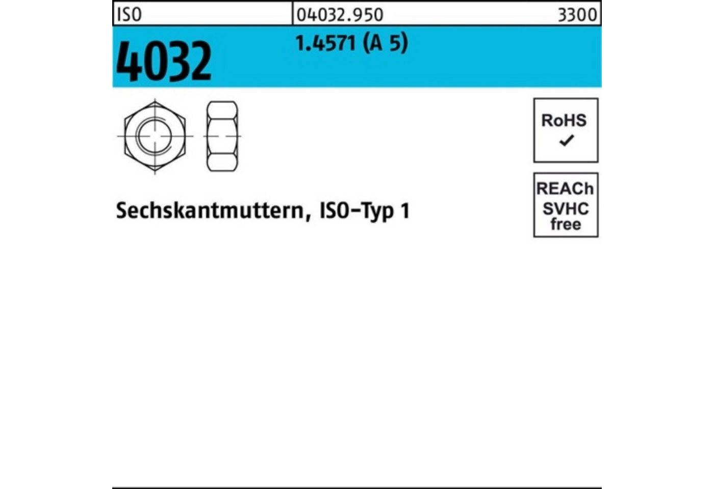 Bufab Muttern 100er Pack Sechskantmutter ISO 4032 M10 A 5 100 Stück ISO 4032 1.4571 von Bufab
