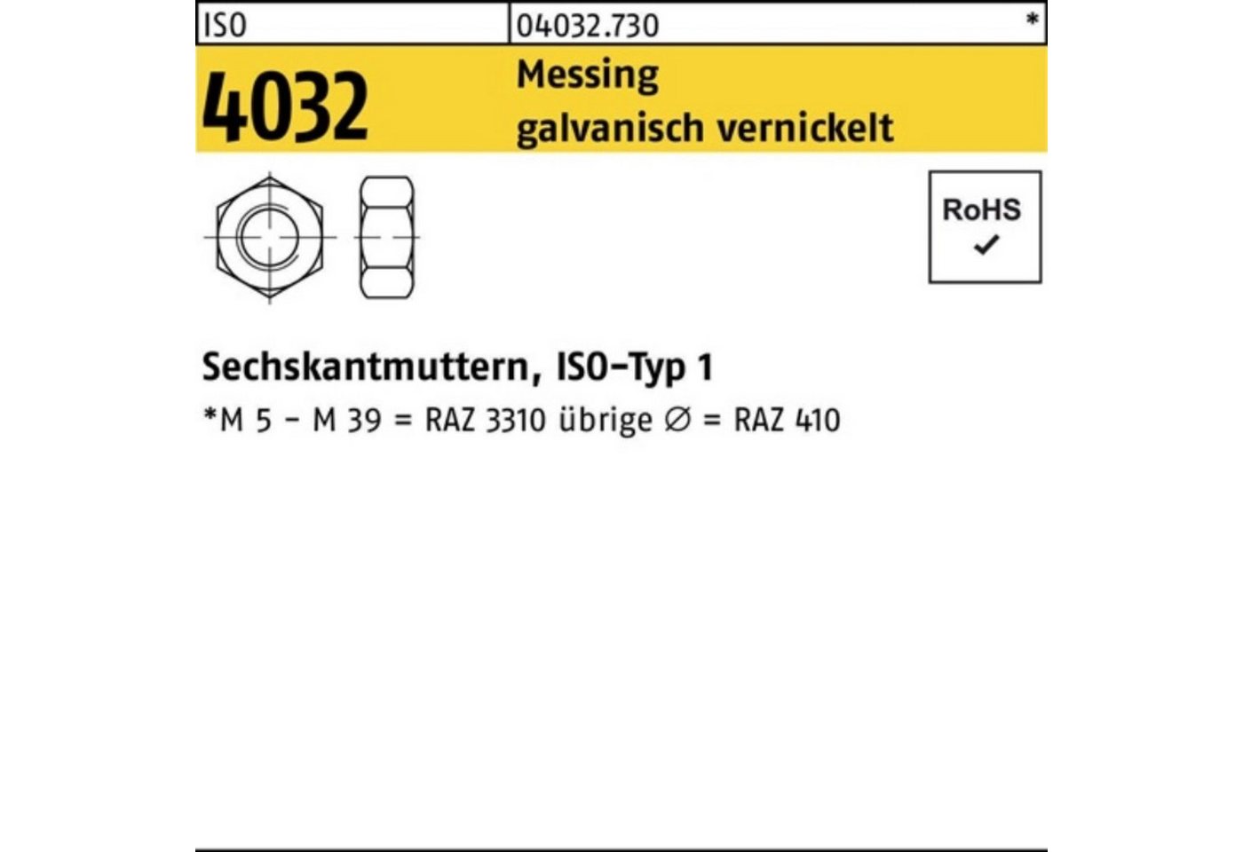 Bufab Muttern 100er Pack Sechskantmutter ISO 4032 M10 Messing galv. vernickelt 100 S von Bufab