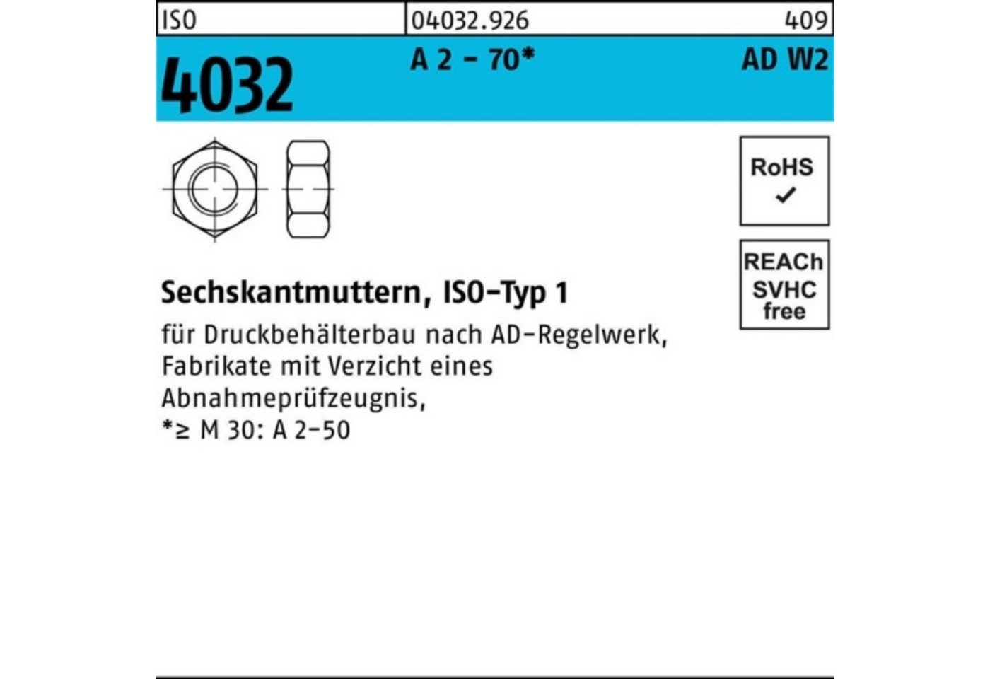 Bufab Muttern 100er Pack Sechskantmutter ISO 4032 M14 A 2 - 70 AD-W2 25 Stück ISO 4 von Bufab