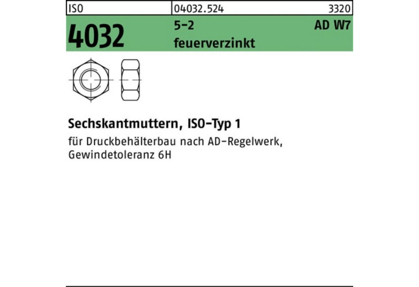 Bufab Muttern 100er Pack Sechskantmutter ISO 4032 M16 5-2 AD W7 feuerverz. 100 Stüc von Bufab