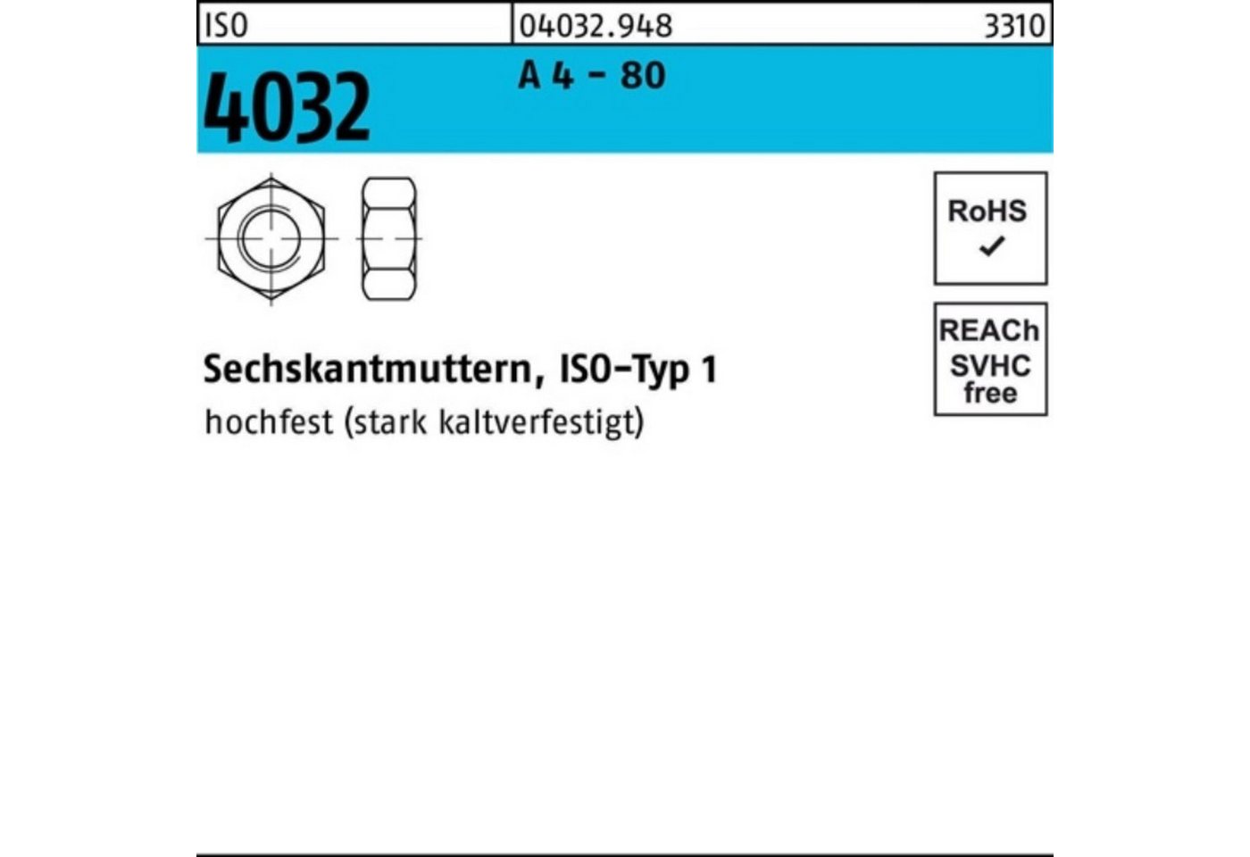 Bufab Muttern 100er Pack Sechskantmutter ISO 4032 M16 A 4 - 80 50 Stück ISO 4032 A von Bufab