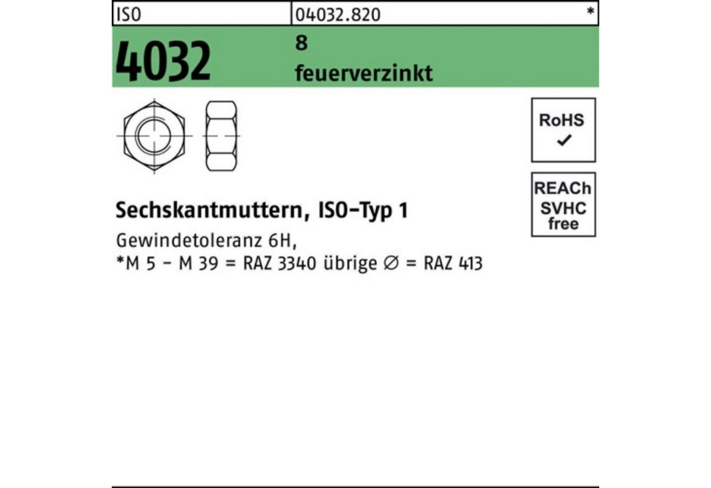 Bufab Muttern 100er Pack Sechskantmutter ISO 4032 M18 8 feuerverz. 50 Stück ISO 403 von Bufab
