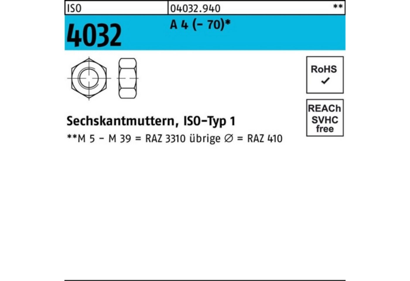 Bufab Muttern 100er Pack Sechskantmutter ISO 4032 M24 A 4 (70) 10 Stück ISO 4032 von Bufab