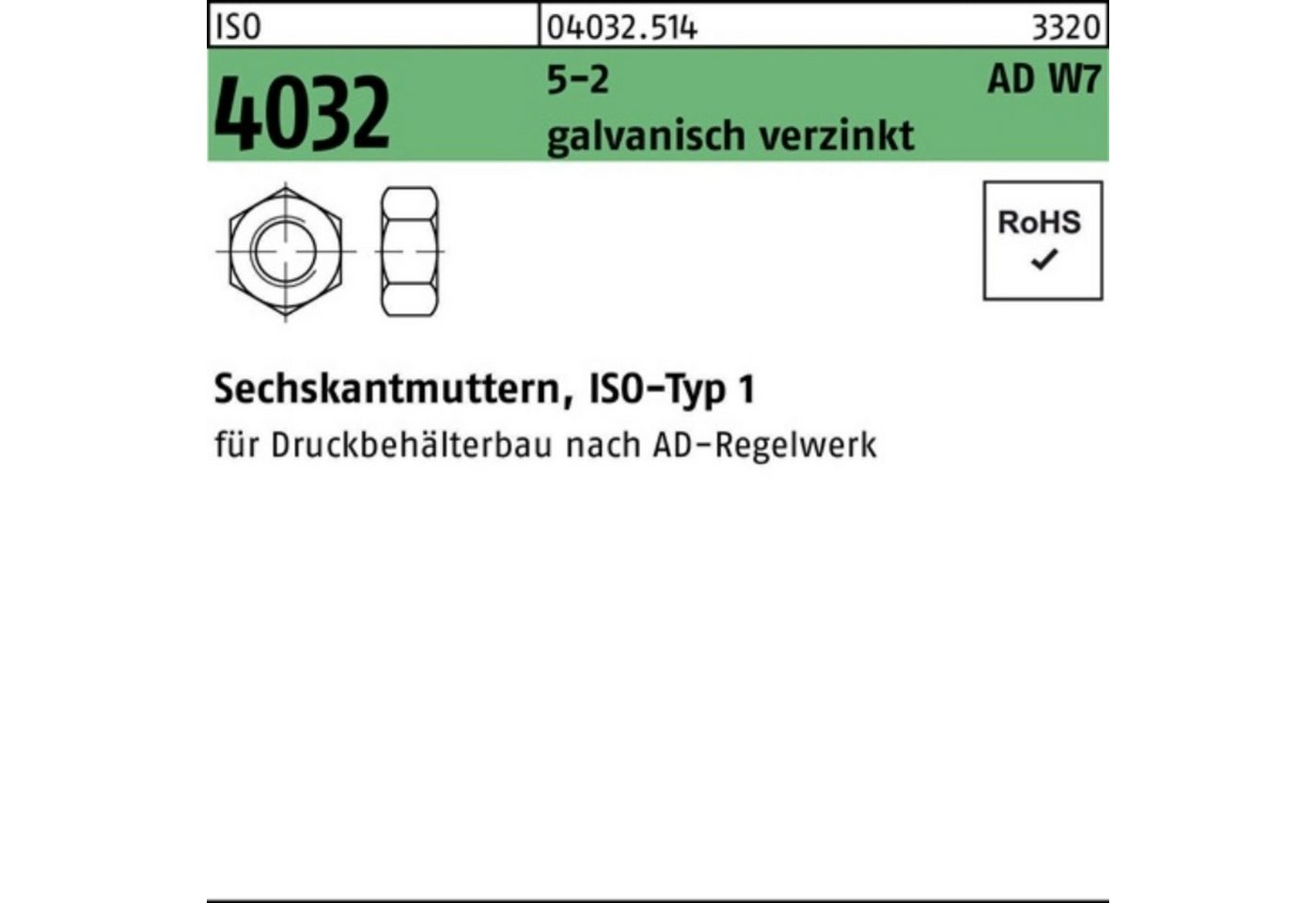 Bufab Muttern 100er Pack Sechskantmutter ISO 4032 M27 5-2 AD W7 galv.verz. 50 Stück von Bufab