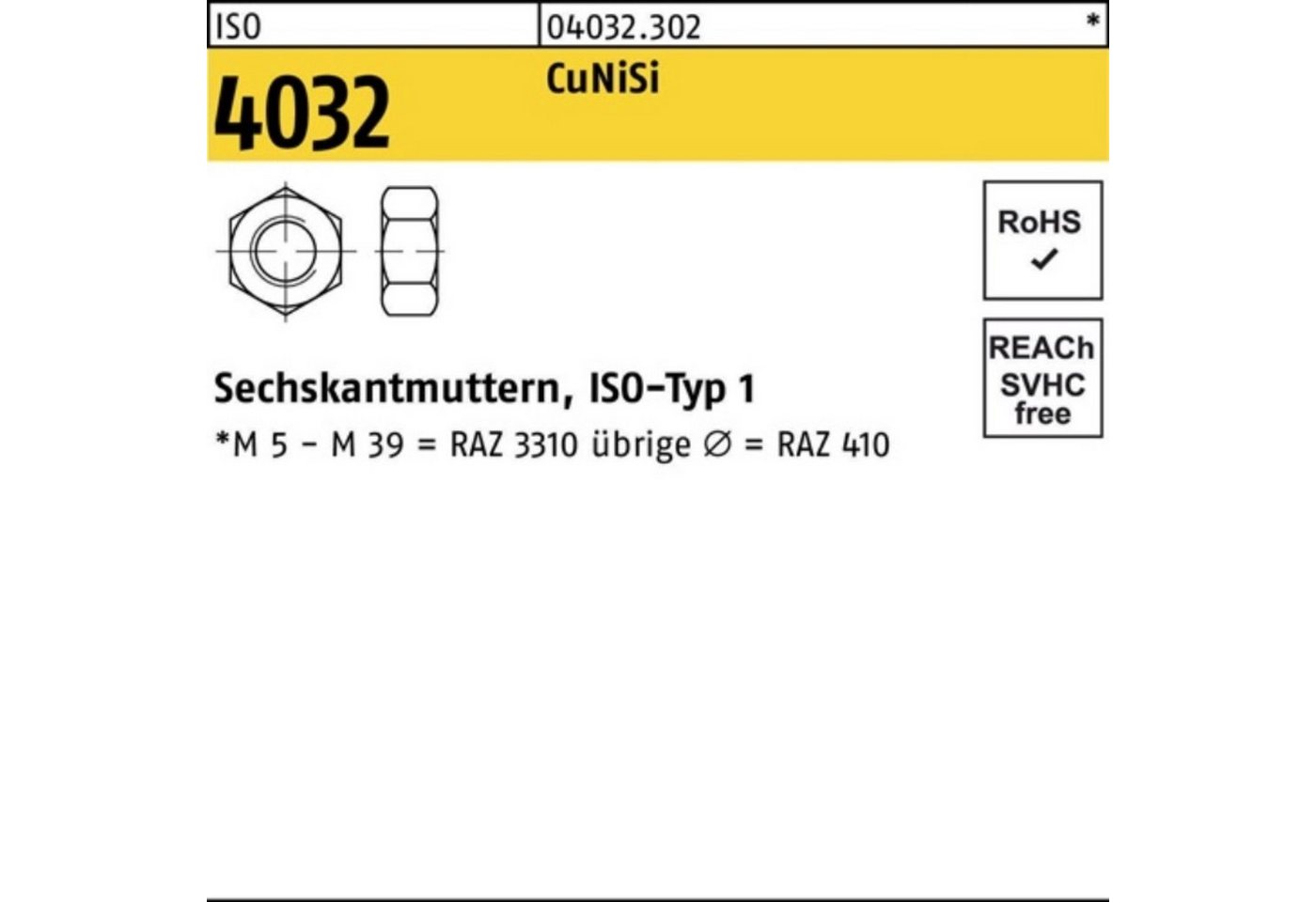 Bufab Muttern 100er Pack Sechskantmutter ISO 4032 M6 CuNiSi 100 Stück ISO 4032 CuNi von Bufab