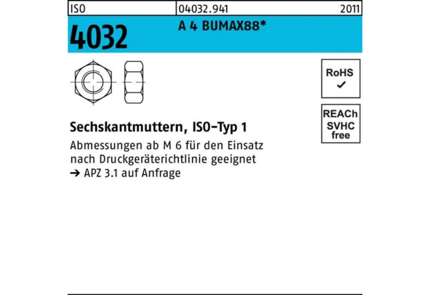 Bufab Muttern 100er Pack Sechskantmutter ISO 4032 M8 A 4 BUMAX88 100 Stück BUFAB IS von Bufab
