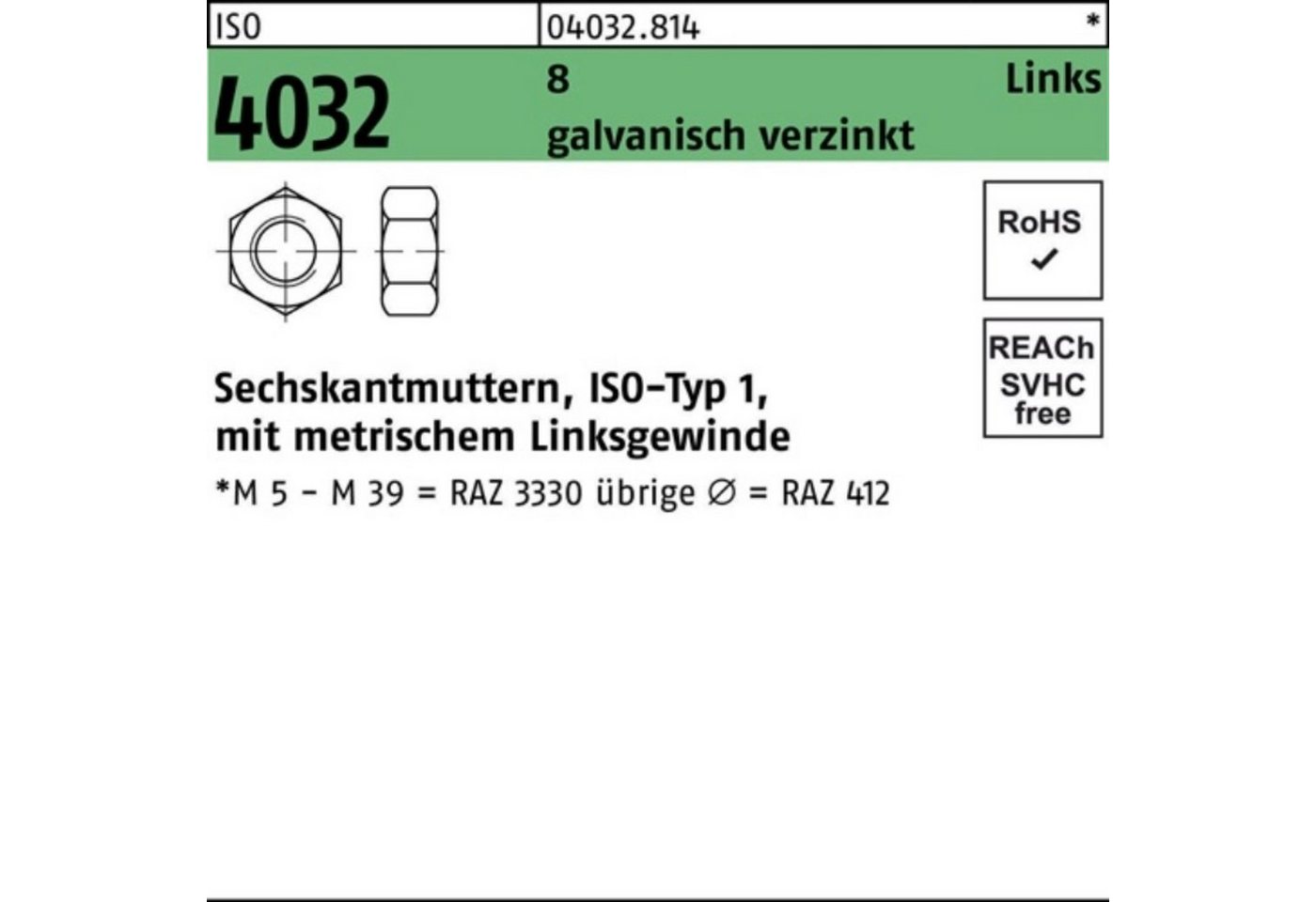 Bufab Muttern 100er Pack Sechskantmutter ISO 4032 links M20 8 galv.verz. 50 Stück I von Bufab