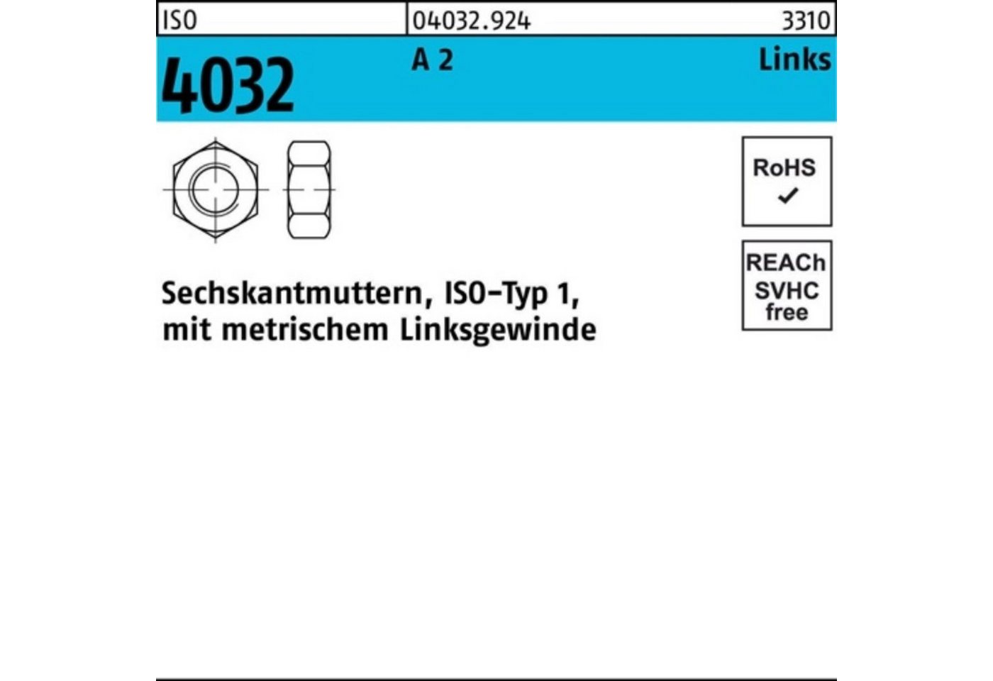 Bufab Muttern 100er Pack Sechskantmutter ISO 4032 links M20 A 2 10 Stück ISO 4032 A von Bufab