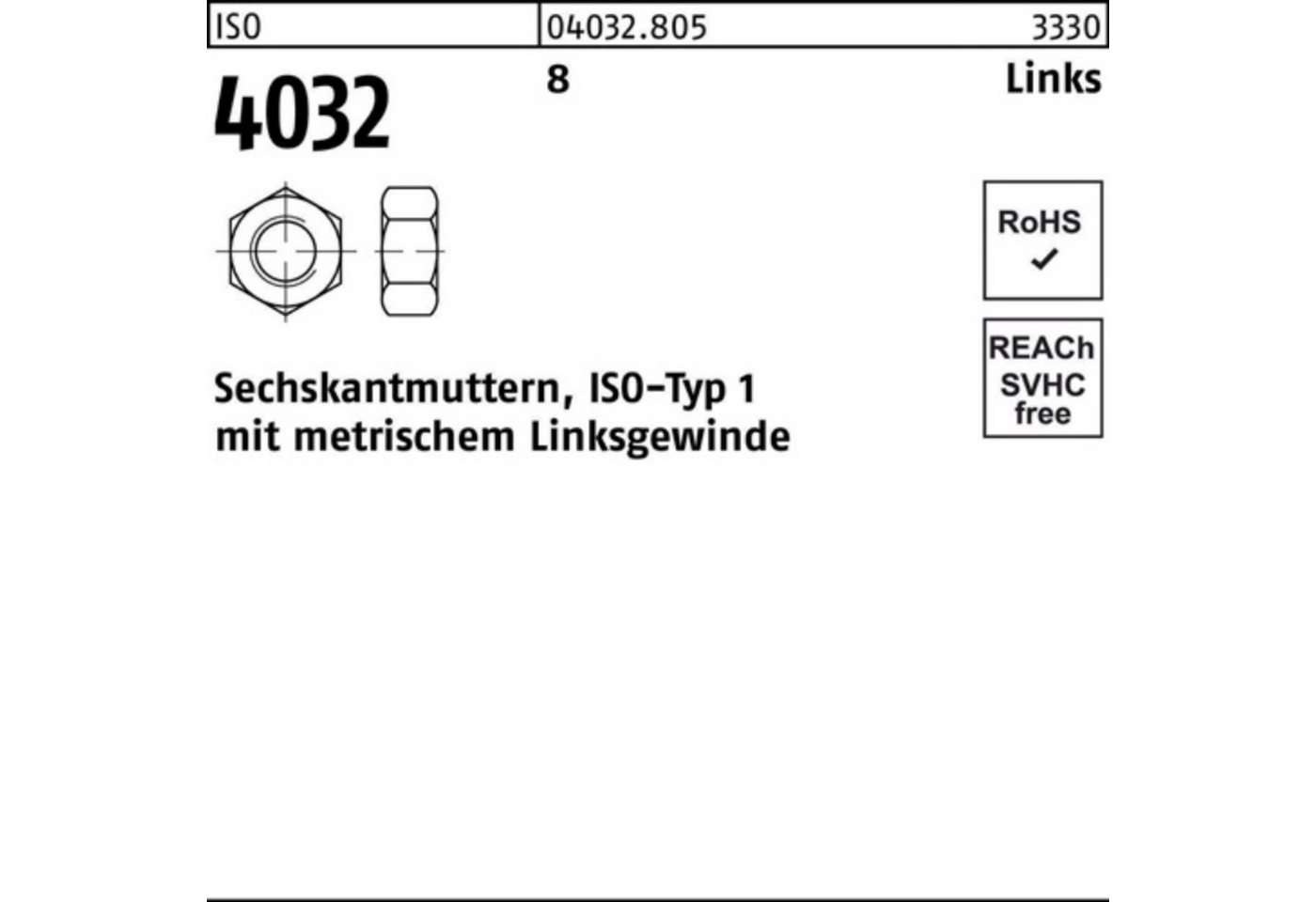 Bufab Muttern 100er Pack Sechskantmutter ISO 4032 links M20 -LH 8 50 Stück ISO 4032 von Bufab
