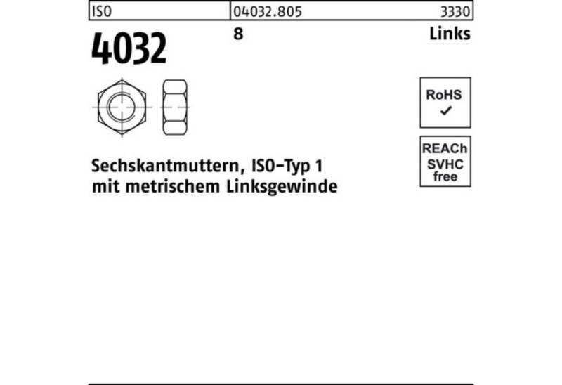 Bufab Muttern 100er Pack Sechskantmutter ISO 4032 links M6 -LH 8 100 Stück ISO 4032 von Bufab