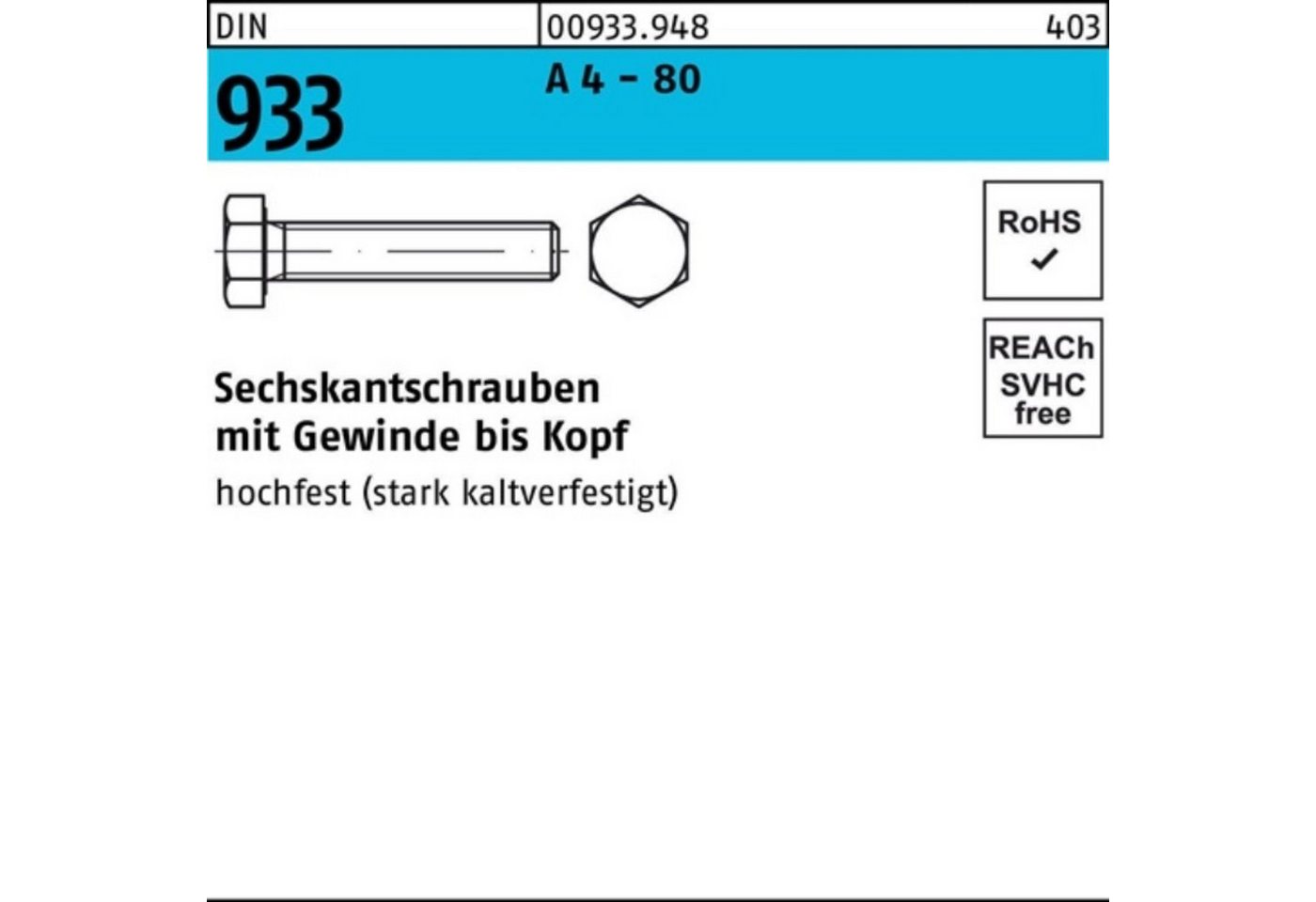 Reyher Sechskantschraube 100er Pack Sechskantschraube DIN 933 VG M12x 150 A 4 - 80 1 Stück DIN von Reyher