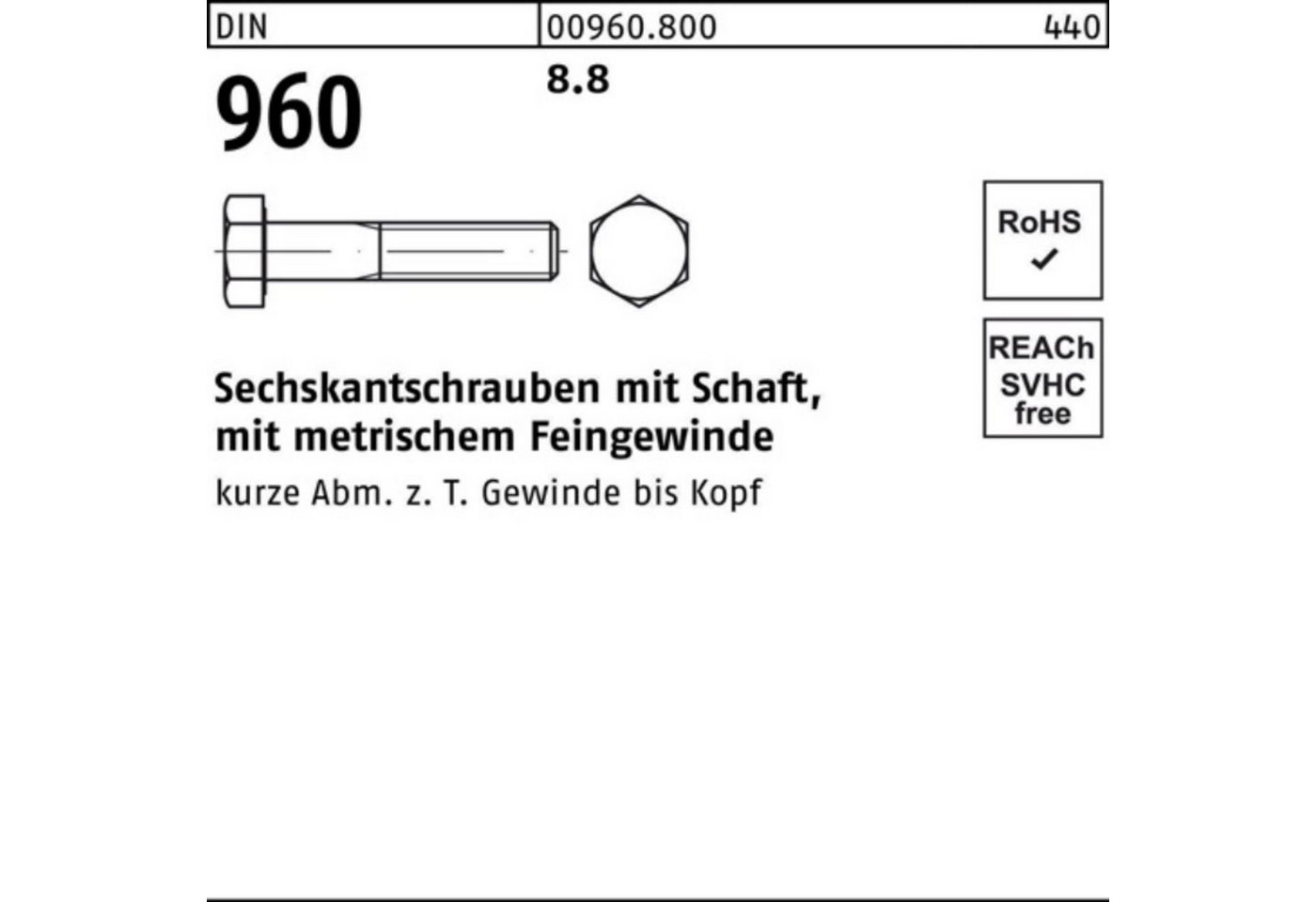 Reyher Sechskantschraube 100er Pack Sechskantschraube DIN 960 Schaft M20x2x 60 8.8 25 Stück DI von Reyher