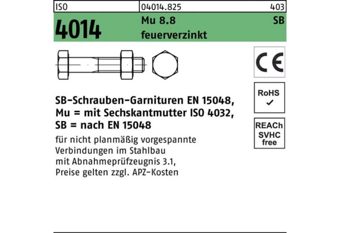 Bufab Sechskantschraube 100er Pack Sechskantschraube ISO 4014 Schaft/Mutter M10x 80 8.8 feuerv von Bufab