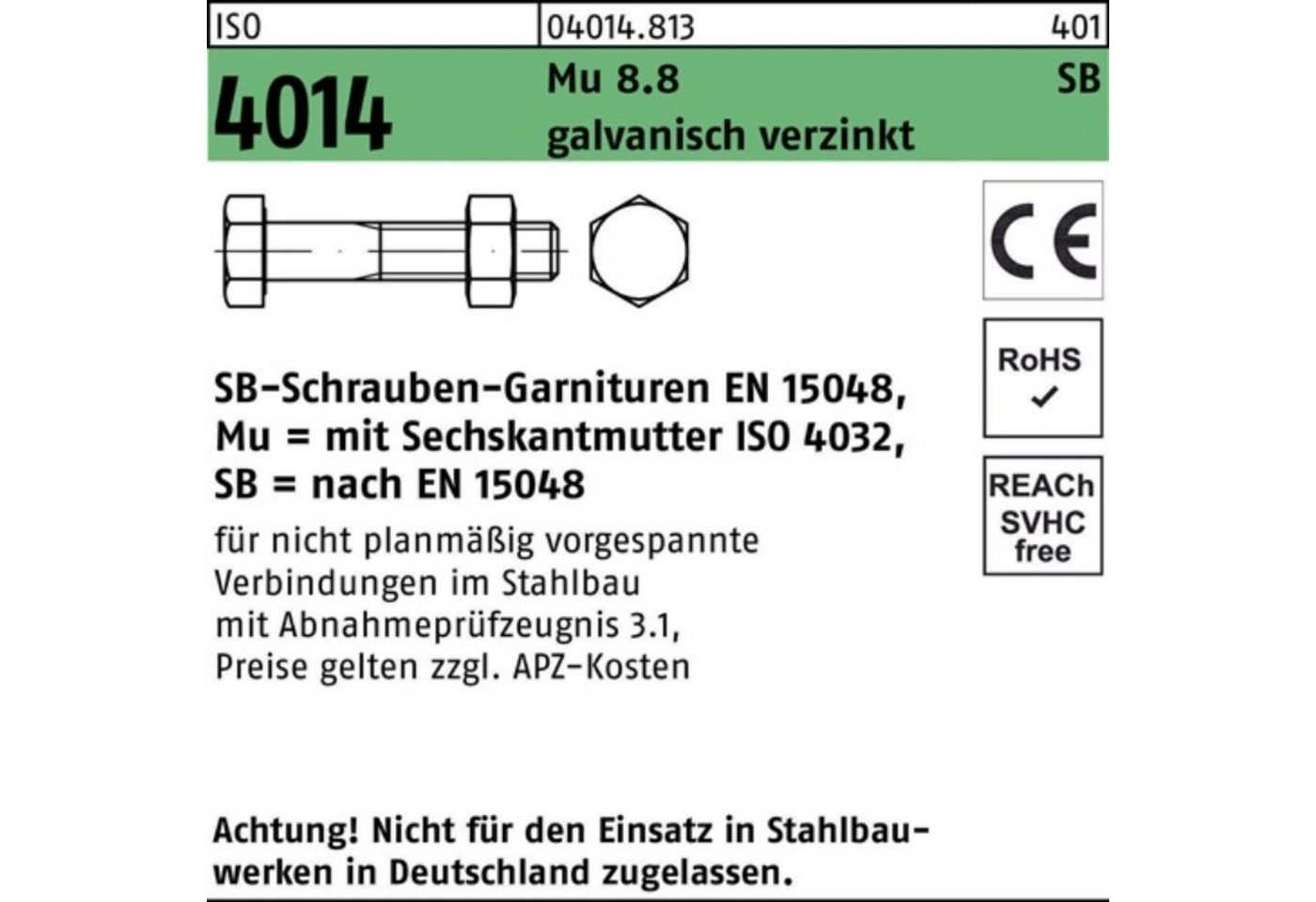 Bufab Sechskantschraube 100er Pack Sechskantschraube ISO 4014 Schaft/Mutter M10x45 Mu 8.8 galv von Bufab