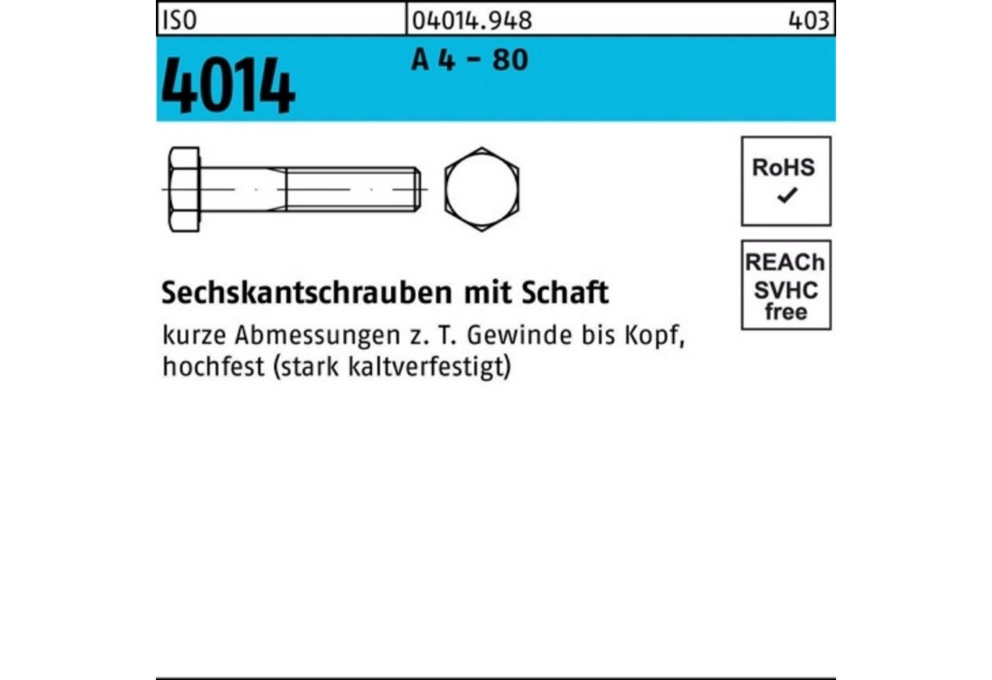 Reyher Sechskantschraube 100er Pack Sechskantschraube ISO 4014 Schaft M10x 180 A 4 - 80 1 Stüc von Reyher