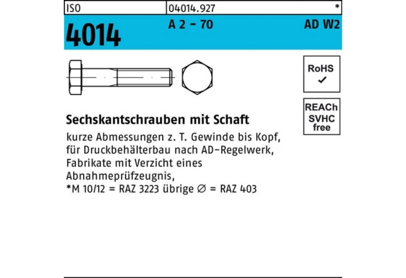 Bufab Sechskantschraube 100er Pack Sechskantschraube ISO 4014 Schaft M10x 120 A 2 - 70 AD-W2 5 von Bufab