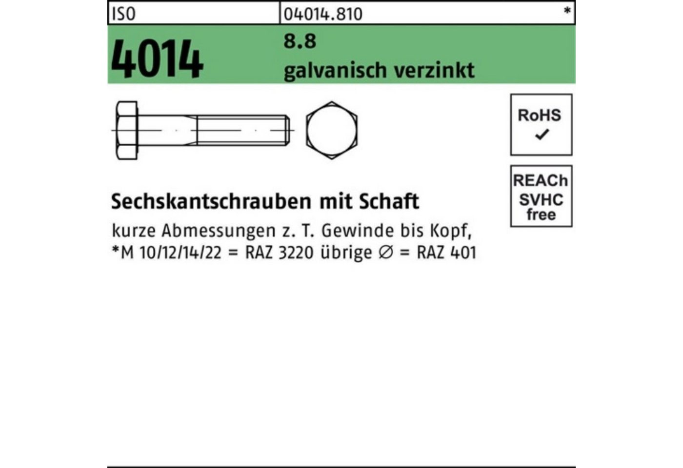 Bufab Sechskantschraube 100er Pack Sechskantschraube ISO 4014 Schaft M10x 220 8.8 galv.verz. 5 von Bufab