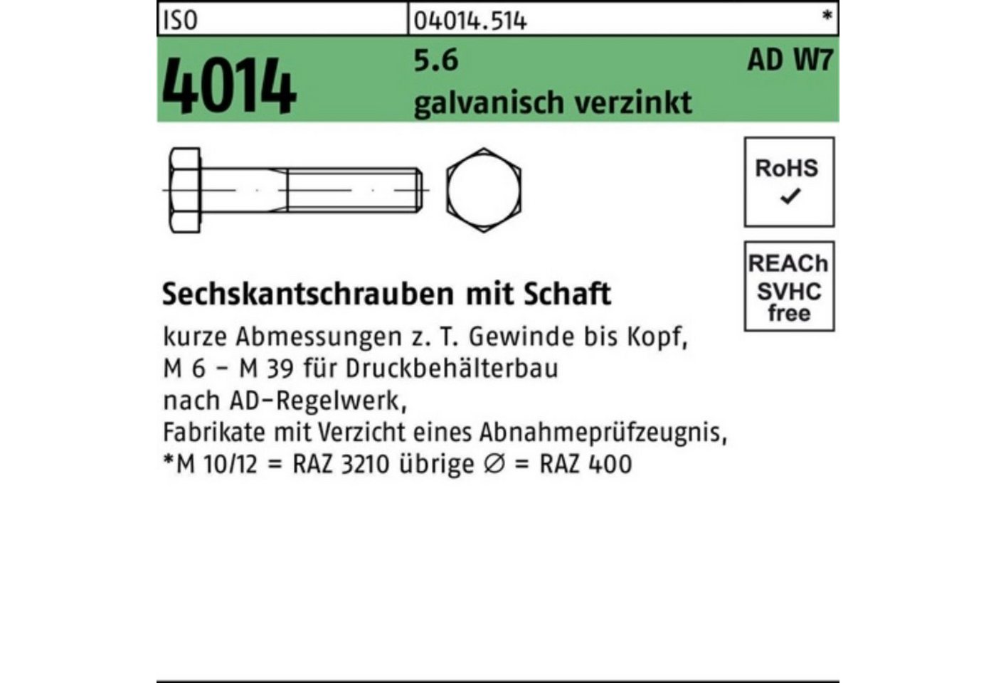 Bufab Sechskantschraube 100er Pack Sechskantschraube ISO 4014 Schaft M10x 80 5.6 W7 galv.verz. von Bufab