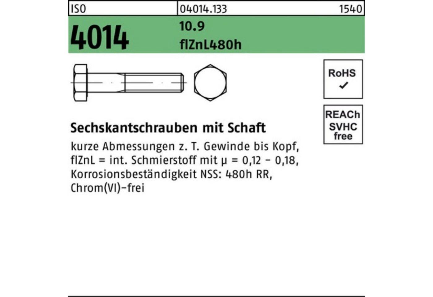 Bufab Sechskantschraube 100er Pack Sechskantschraube ISO 4014 Schaft M12x 130 10.9 zinklamelle von Bufab