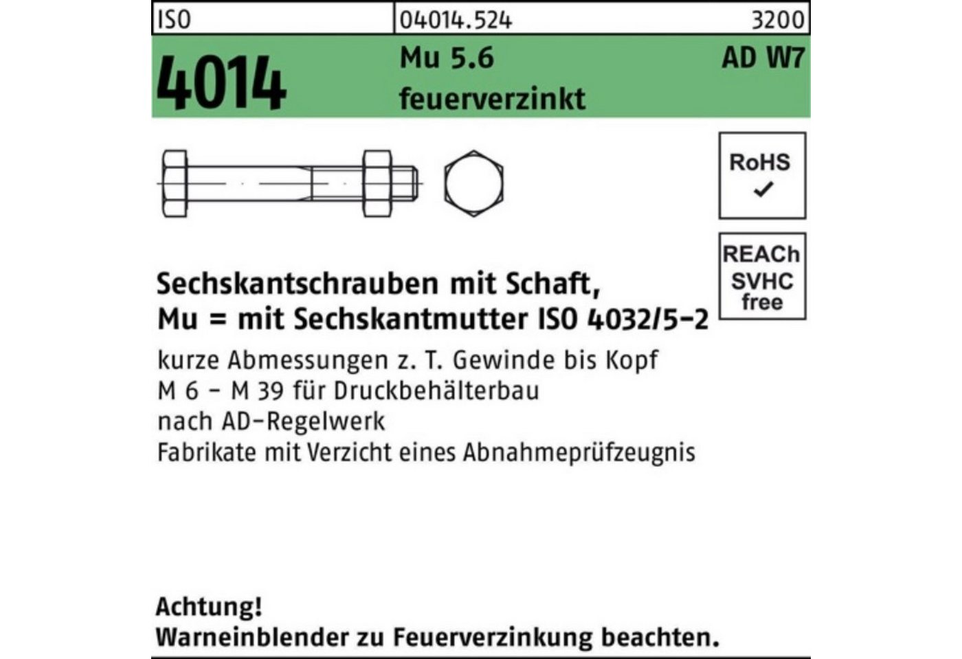 Bufab Sechskantschraube 100er Pack Sechskantschraube ISO 4014 Schaft M12x 60 Mu 5.6 W7 feuerve von Bufab