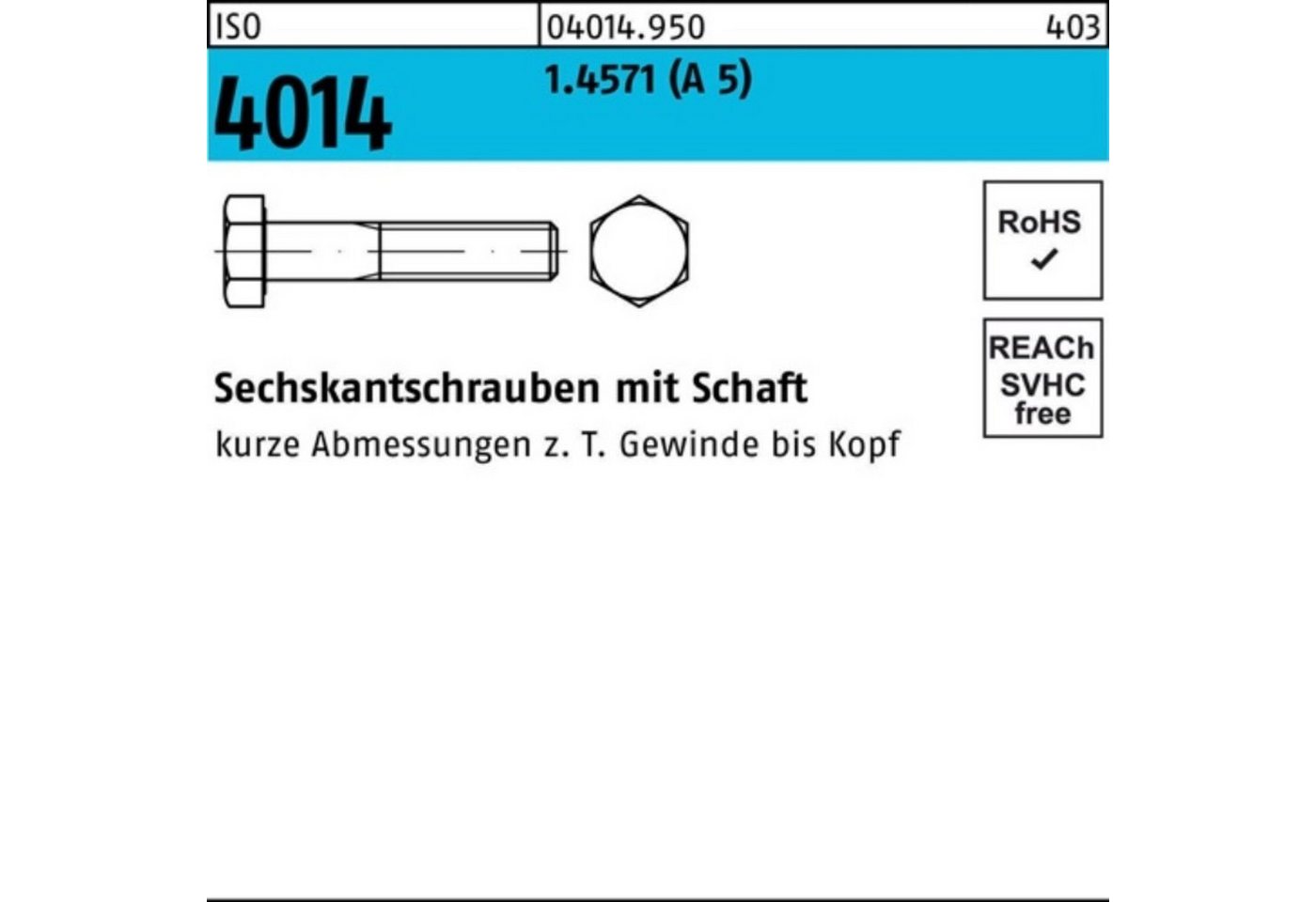 Reyher Sechskantschraube 100er Pack Sechskantschraube ISO 4014 Schaft M16x 150 A 5 1 Stück ISO von Reyher