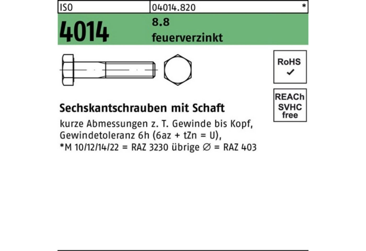 Reyher Sechskantschraube 100er Pack Sechskantschraube ISO 4014 Schaft M16x 190 8.8 U feuerverz. von Reyher