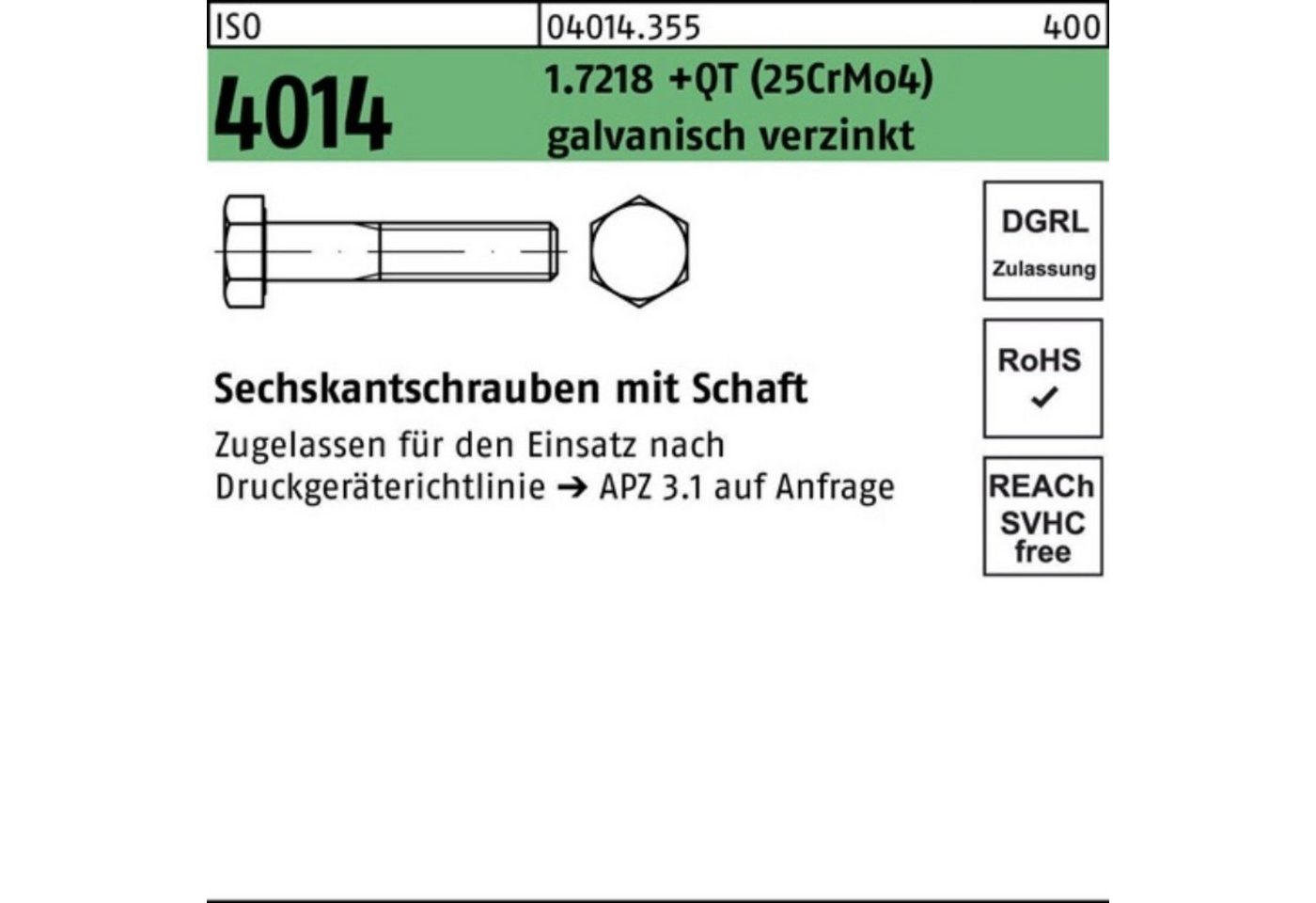 Bufab Sechskantschraube 100er Pack Sechskantschraube ISO 4014 Schaft M20x80 1.7218 +QT (25CrMo von Bufab
