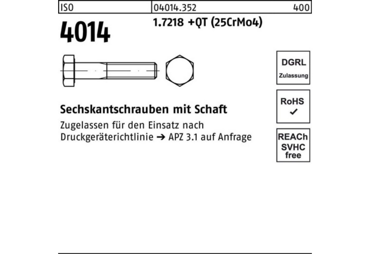 Bufab Sechskantschraube 100er Pack Sechskantschraube ISO 4014 Schaft M27x 190 1.7218 +QT (25Cr von Bufab