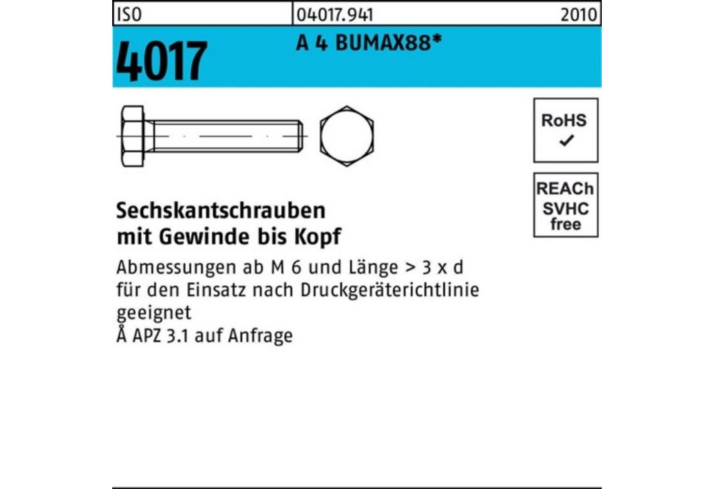 Bufab Sechskantschraube 100er Pack Sechskantschraube ISO 4017 VG M10x 25 A 4 BUMAX88 50 Stück von Bufab