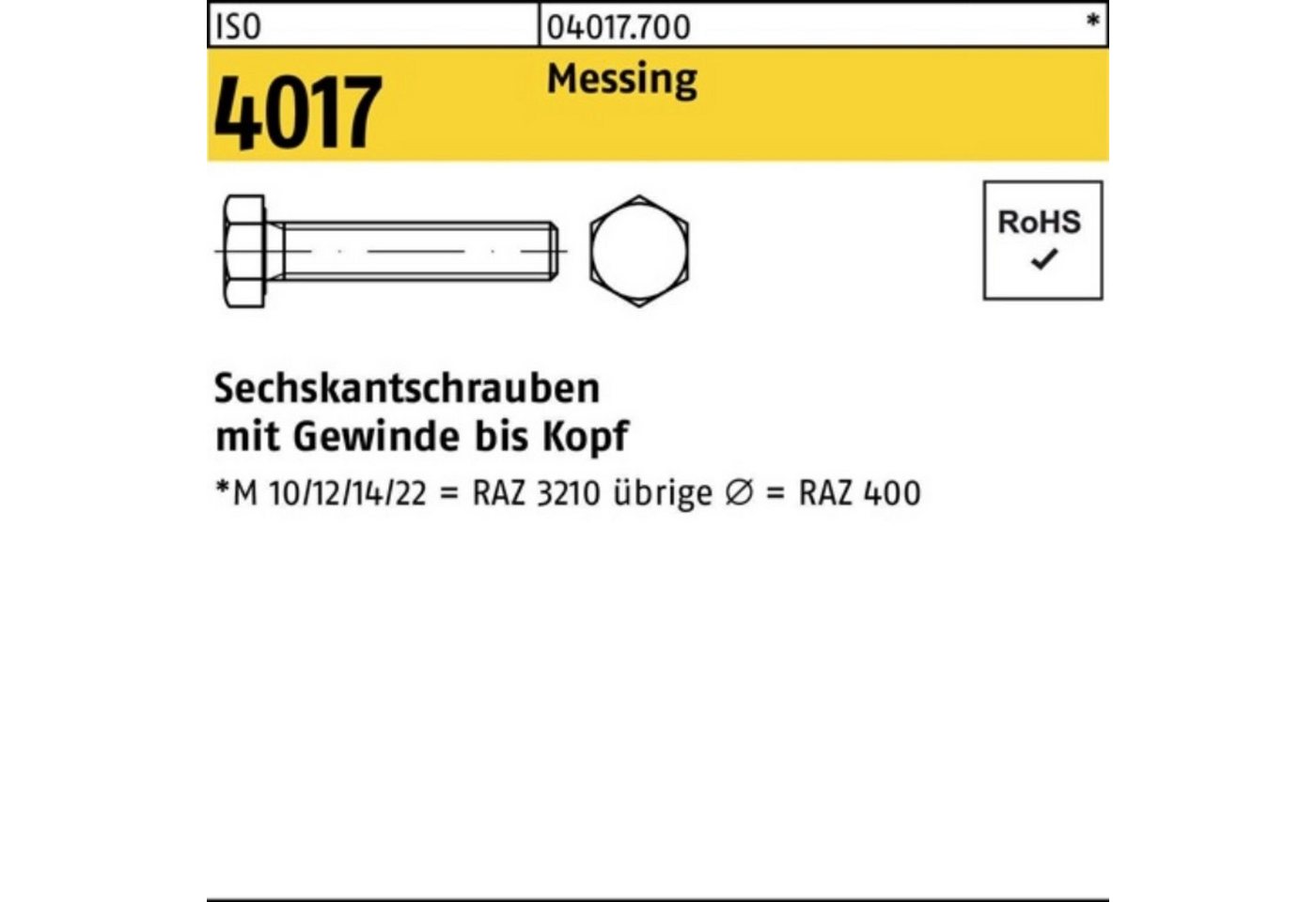 Bufab Sechskantschraube 100er Pack Sechskantschraube ISO 4017 VG M10x 80 Messing 100 Stück IS von Bufab