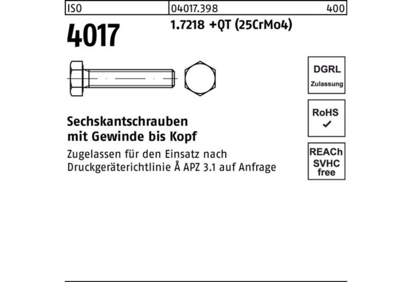 Bufab Sechskantschraube 100er Pack Sechskantschraube ISO 4017 VG M12x 120 1.7218 +QT (25CrMo4) von Bufab