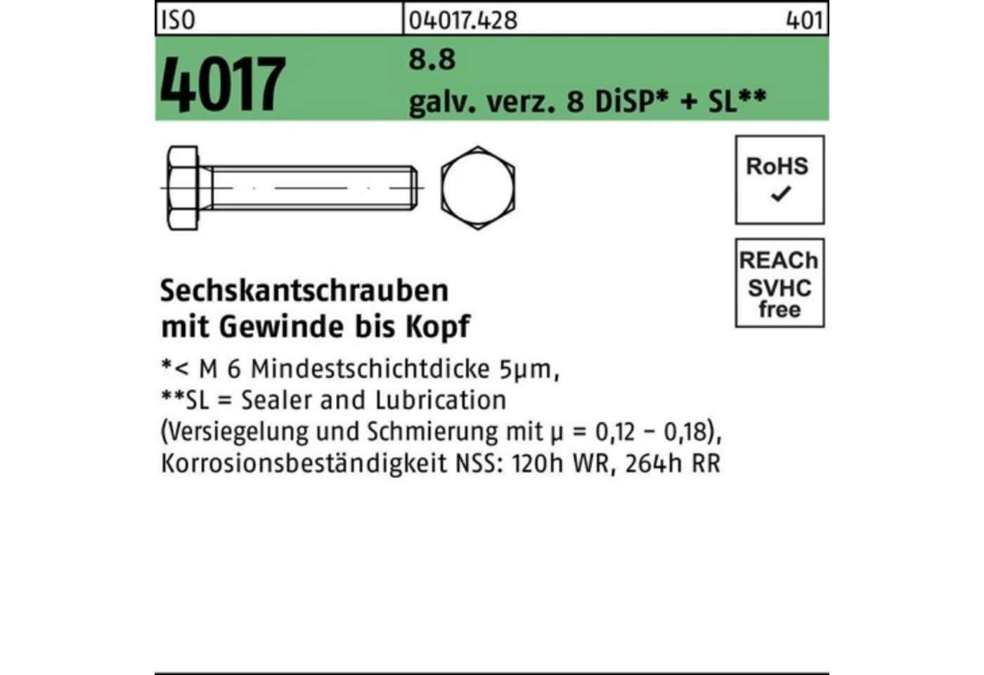 Bufab Sechskantschraube 100er Pack Sechskantschraube ISO 4017 VG M12x 220 8.8 galv.verz. 8 DiS von Bufab