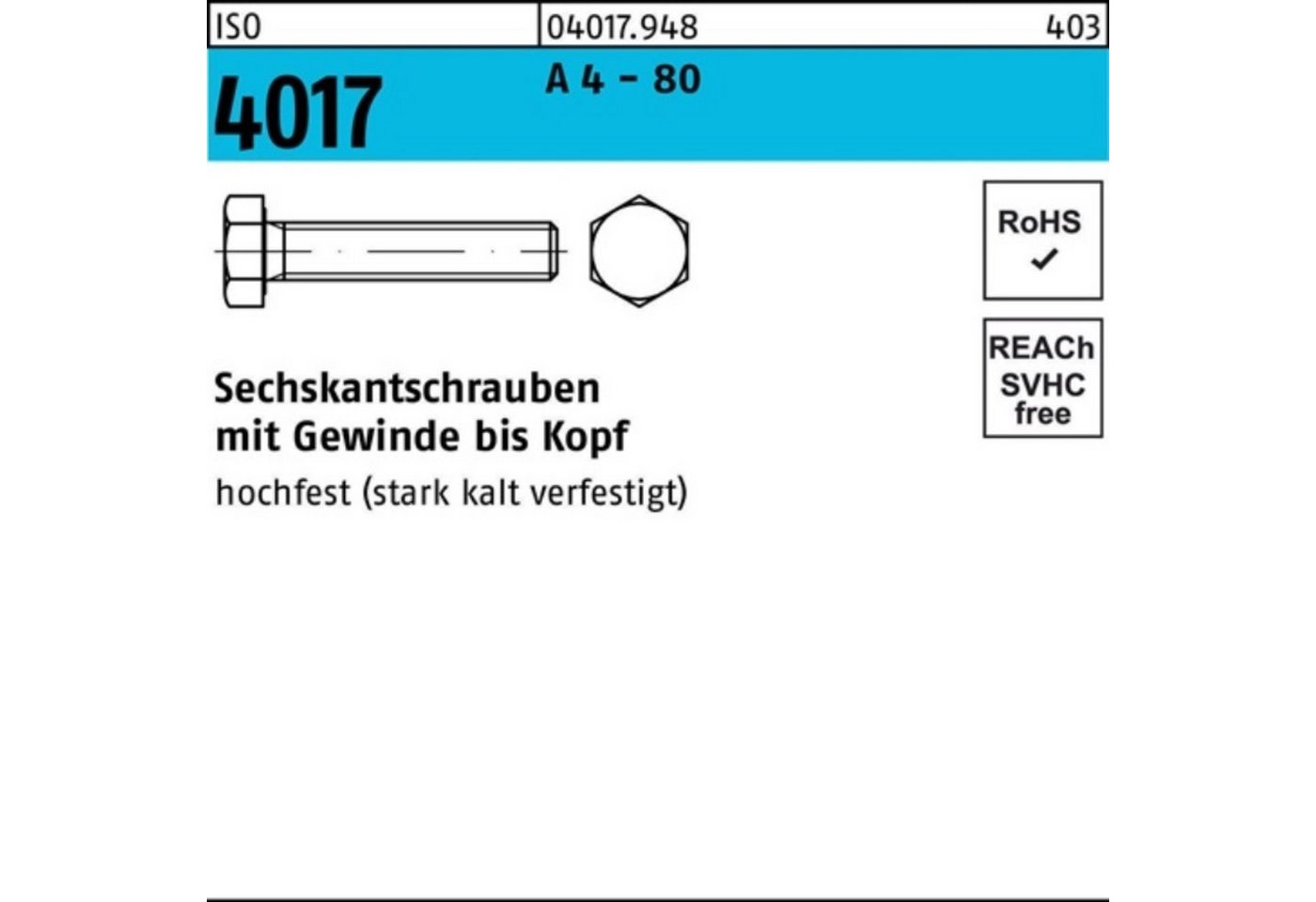 Bufab Sechskantschraube 100er Pack Sechskantschraube ISO 4017 VG M14x 45 A 4 - 80 50 Stück IS von Bufab