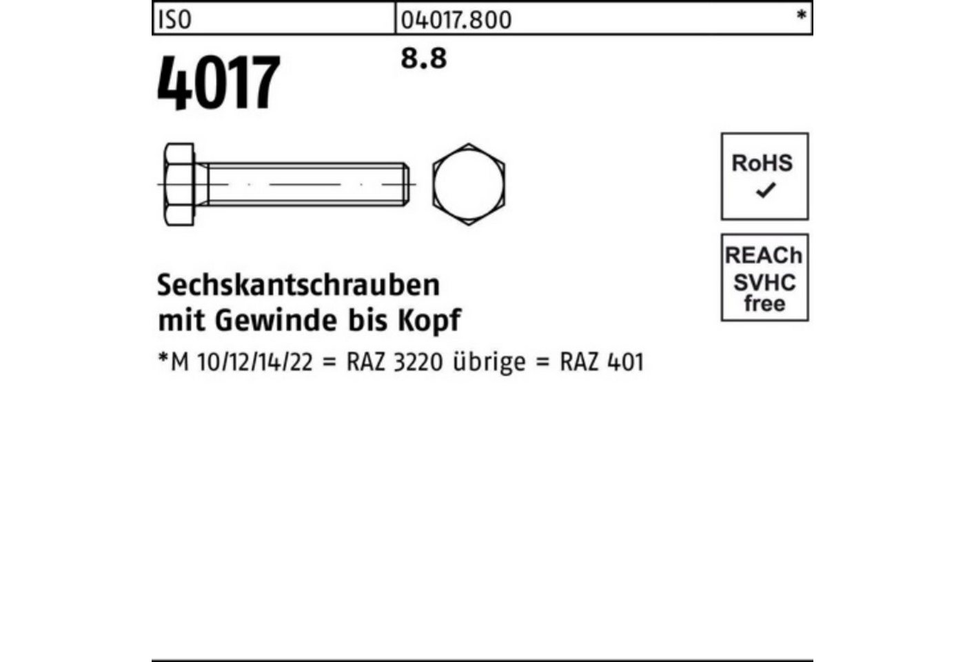 Bufab Sechskantschraube 100er Pack Sechskantschraube ISO 4017 VG M14x 55 8.8 100 Stück ISO 40 von Bufab