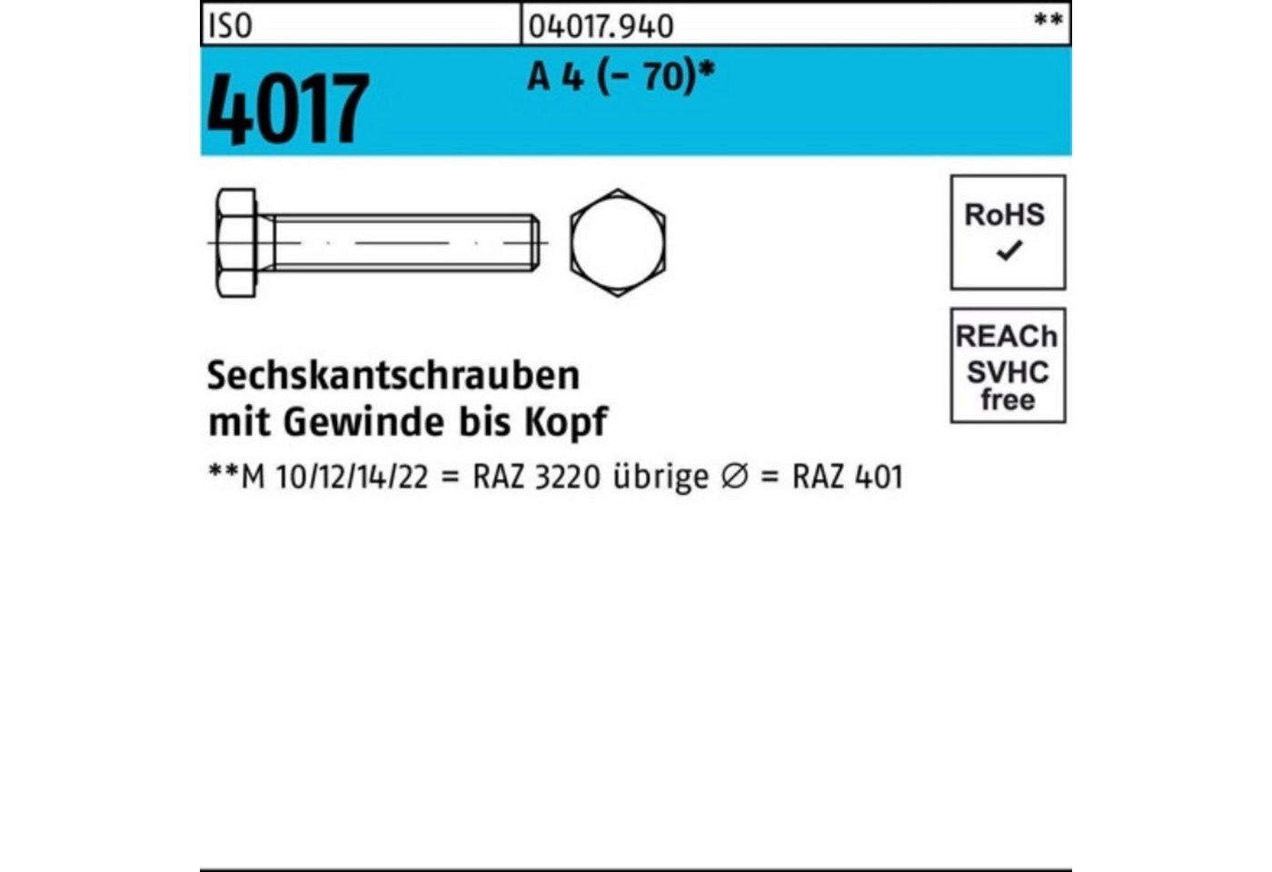 Bufab Sechskantschraube 100er Pack Sechskantschraube ISO 4017 VG M16x 180 A 4 (70) 1 Stück von Bufab