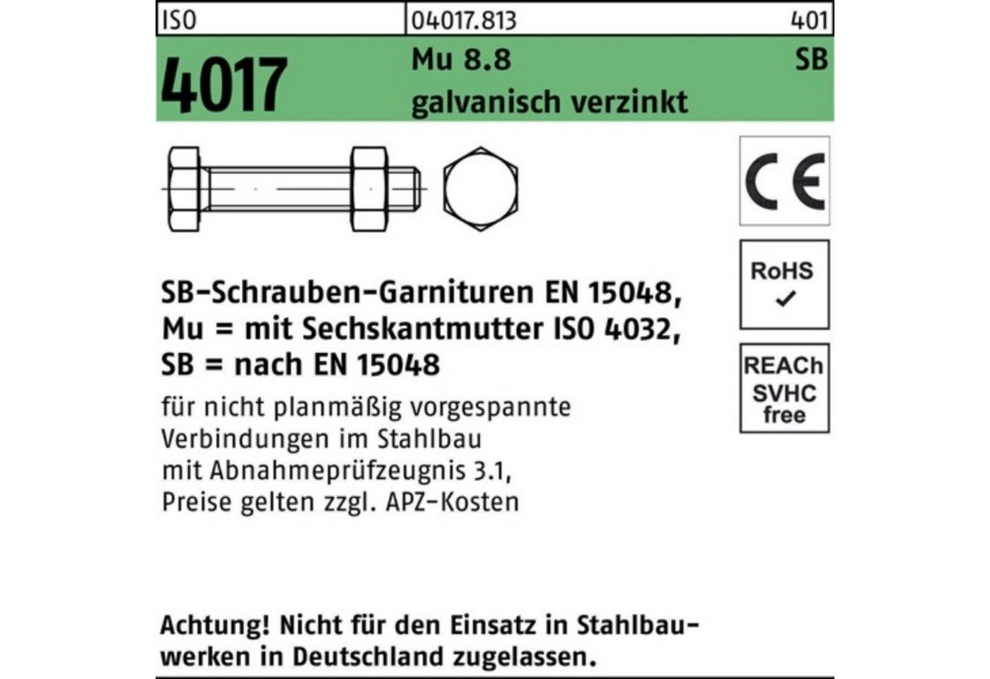 Bufab Sechskantschraube 100er Pack Sechskantschraube ISO 4017 VG M16x 30 8.8 galv.verz. SB 50 von Bufab