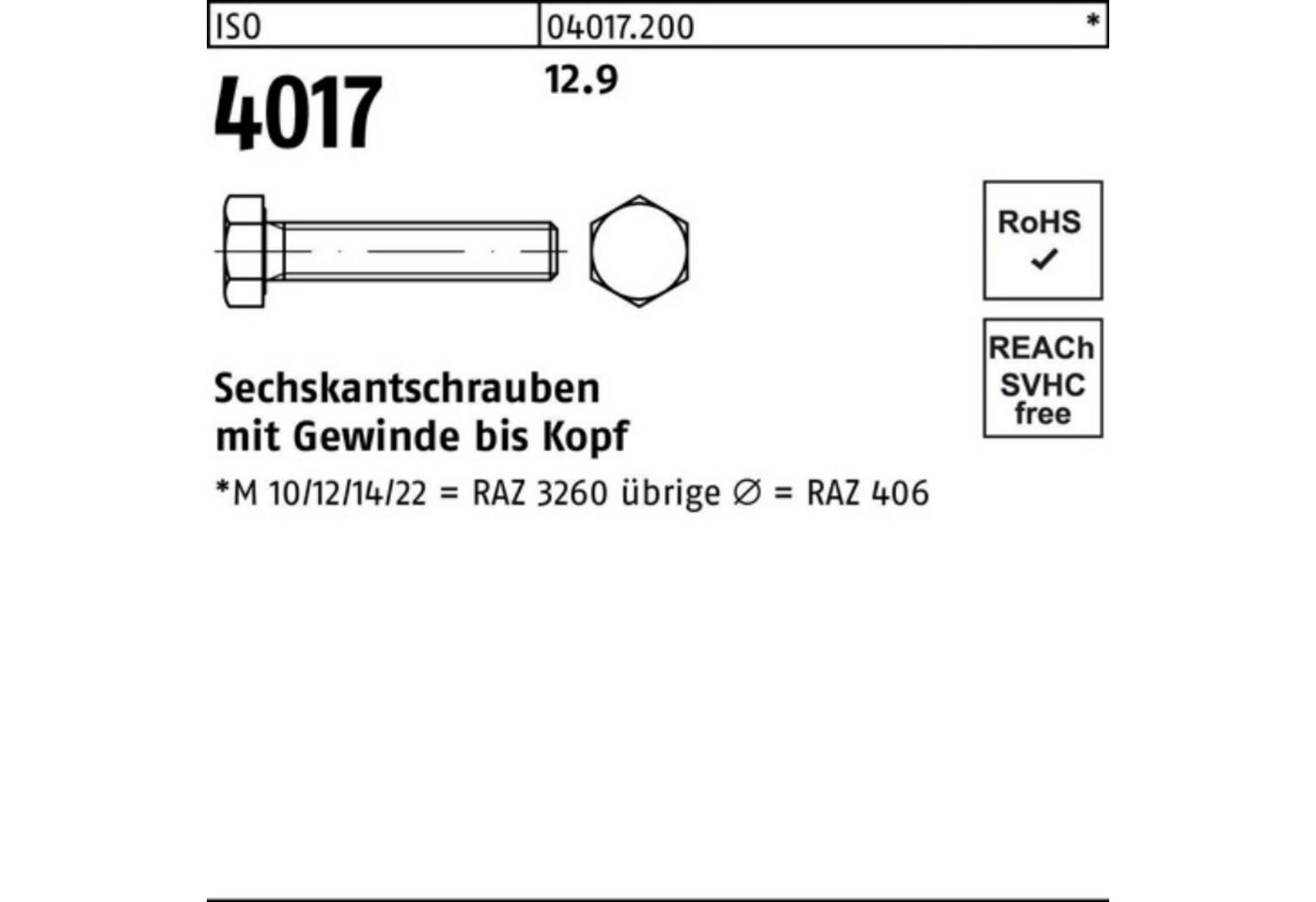 Bufab Sechskantschraube 100er Pack Sechskantschraube ISO 4017 VG M16x 35 12.9 50 Stück ISO 40 von Bufab