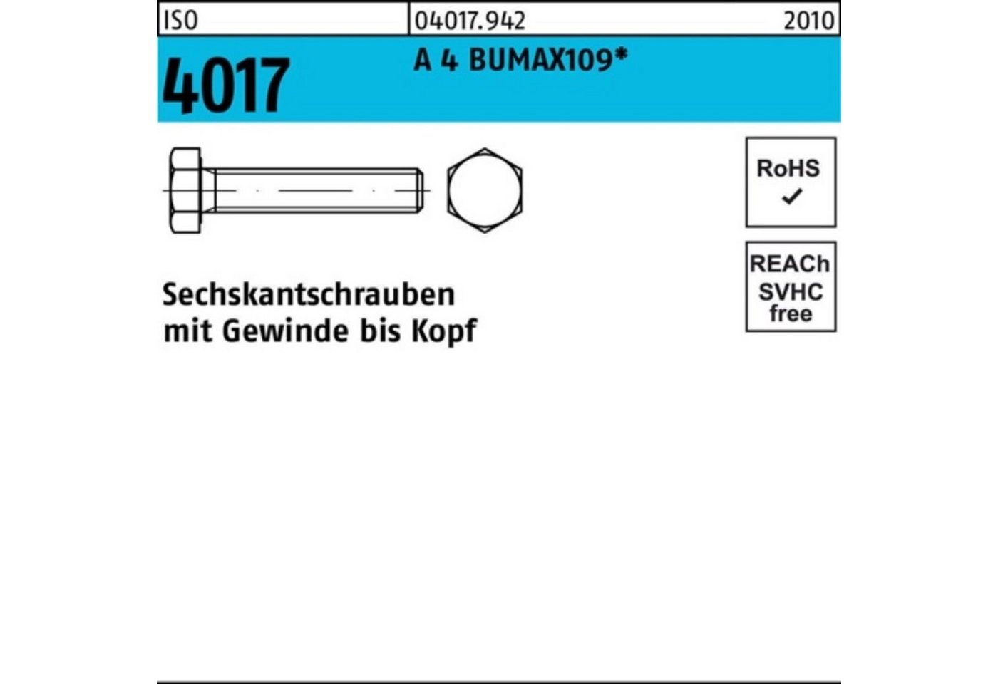 Bufab Sechskantschraube 100er Pack Sechskantschraube ISO 4017 VG M16x 40 A 4 BUMAX109 25 Stüc von Bufab