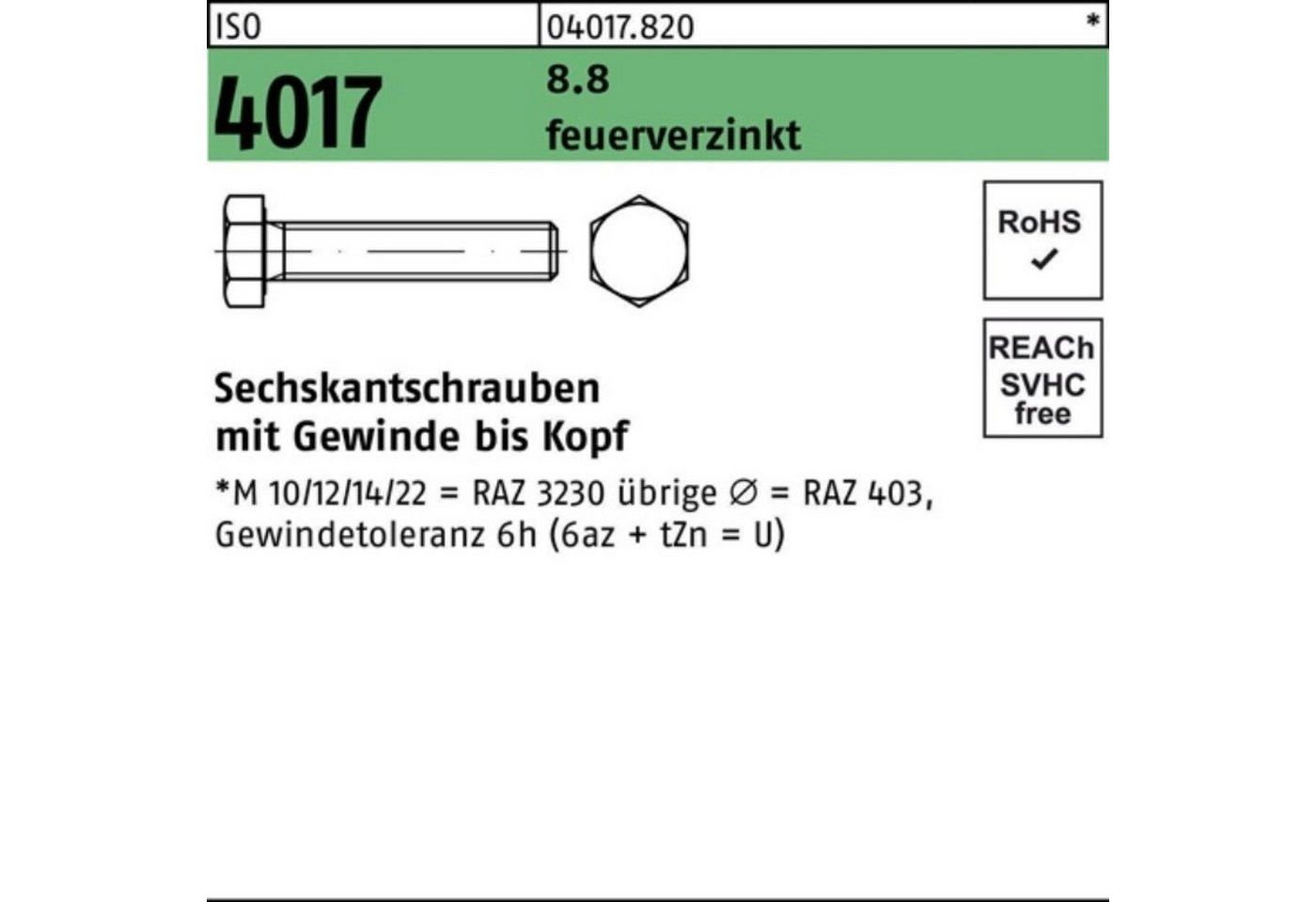 Bufab Sechskantschraube 100er Pack Sechskantschraube ISO 4017 VG M20x 160 8.8 feuerverz. 1 St von Bufab