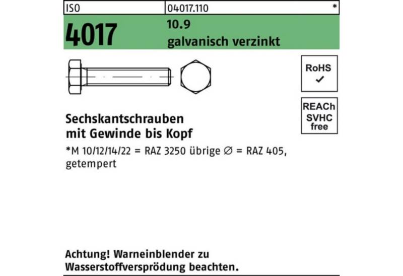 Bufab Sechskantschraube 100er Pack Sechskantschraube ISO 4017 VG M20x 80 10.9 galv.verz. 25 St von Bufab