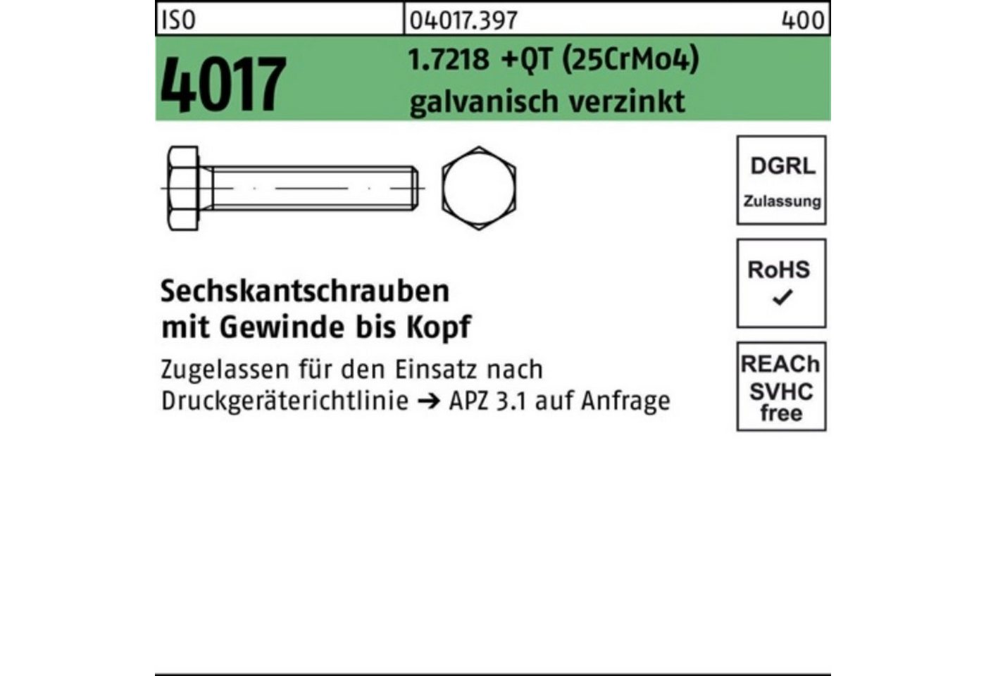 Bufab Sechskantschraube 100er Pack Sechskantschraube ISO 4017 VG M20x45 1.7218 +QT (25CrMo4) g von Bufab