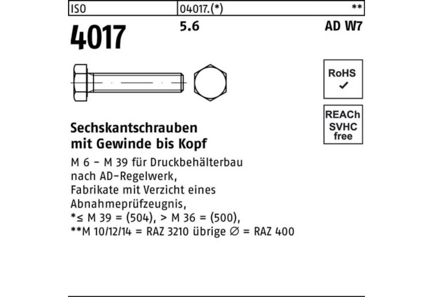 Bufab Sechskantschraube 100er Pack Sechskantschraube ISO 4017 VG M27x 120 5.6 AD W7 1 Stück I von Bufab