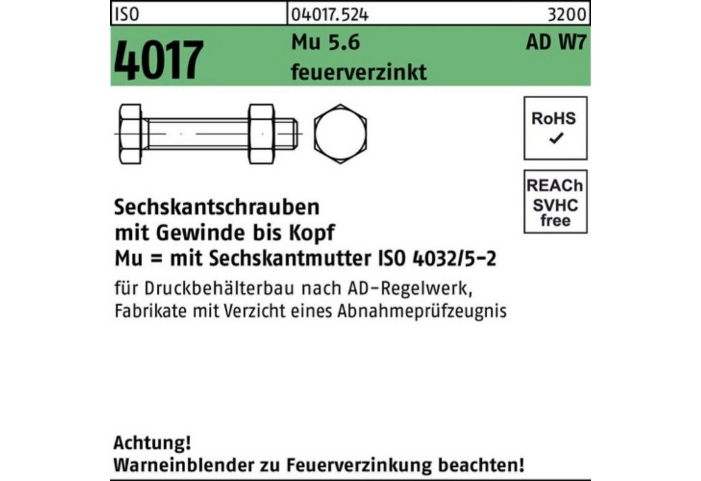 Bufab Sechskantschraube 100er Pack Sechskantschraube ISO 4017 VG Mutter M12x 35 5.6 AD W7 feue von Bufab