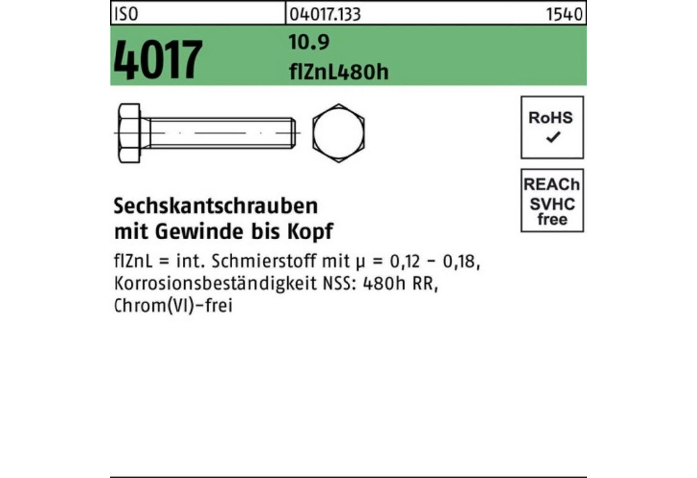 Bufab Sechskantschraube 200er Pack Sechskantschraube ISO 4017 VG M8x 55 10.9 zinklamellenb. 20 von Bufab