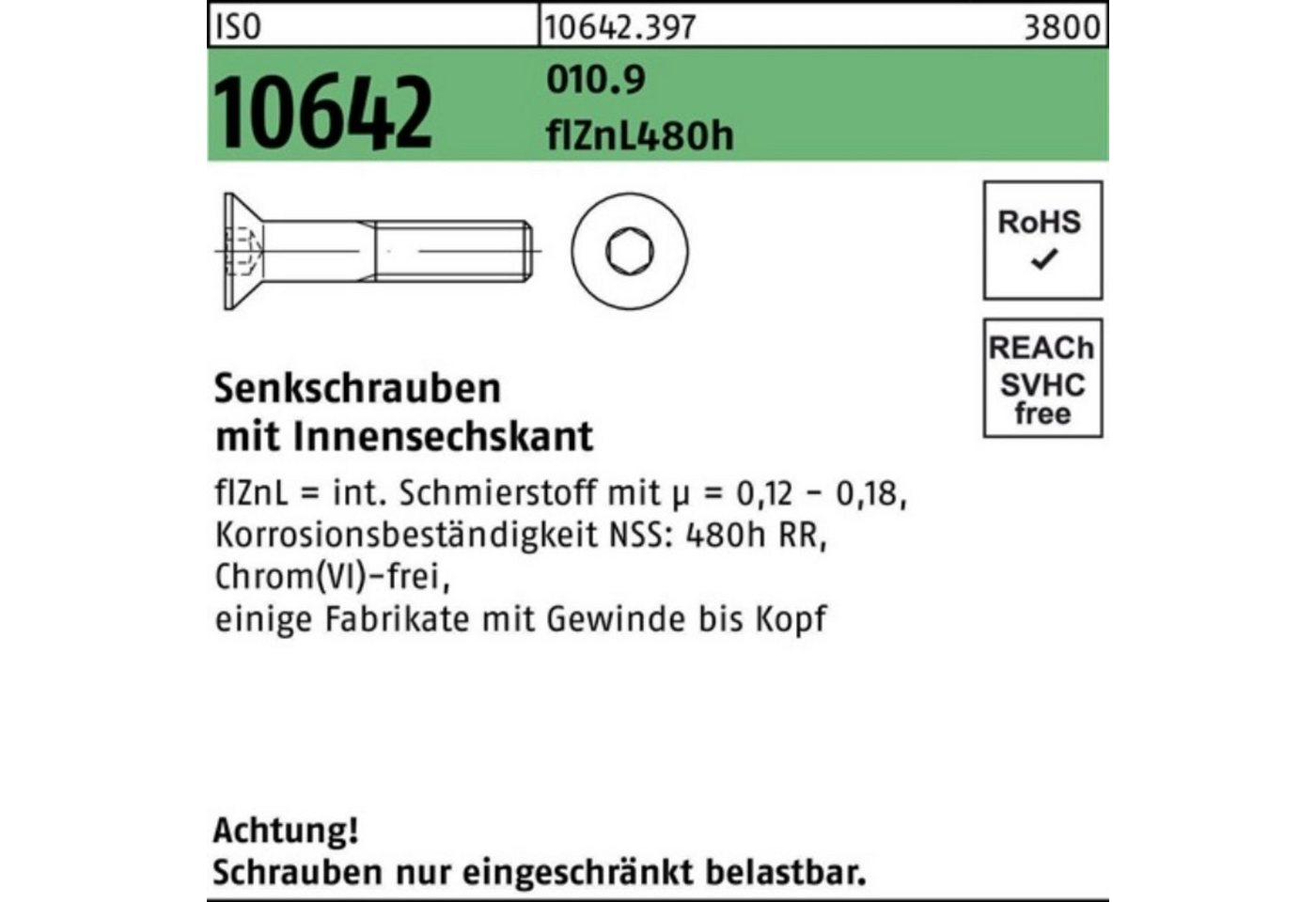 Reyher Senkschraube 100er Pack Senkschraube ISO 10642 Innen-6kt M16x80 010.9 flZnL 480h zi von Reyher