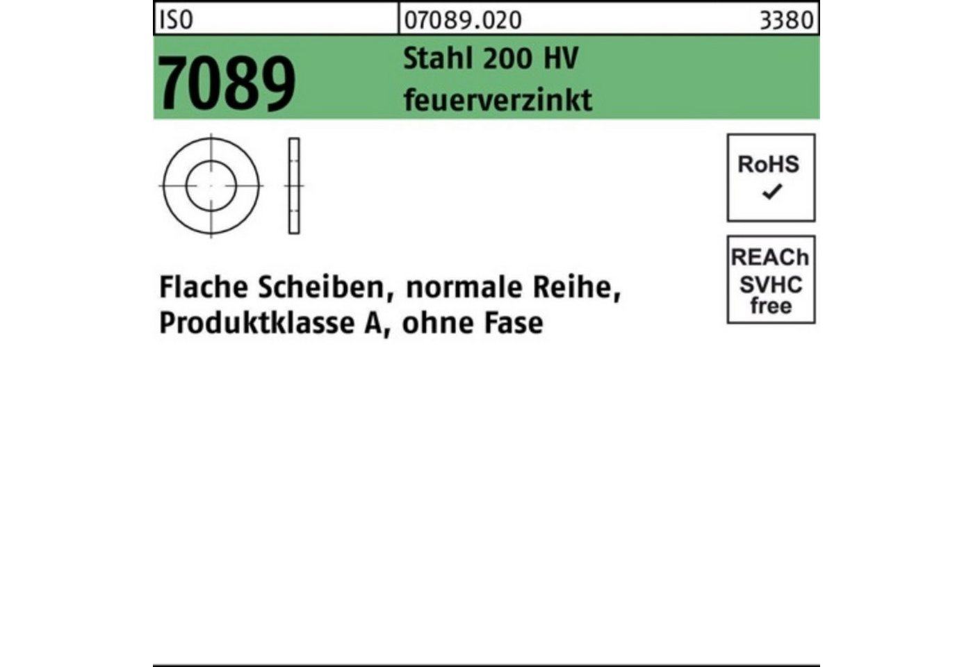 Bufab Unterlegscheibe 200er Pack Unterlegscheibe ISO 7089 o.Fase 20 Stahl 200 HV feuerverz. von Bufab