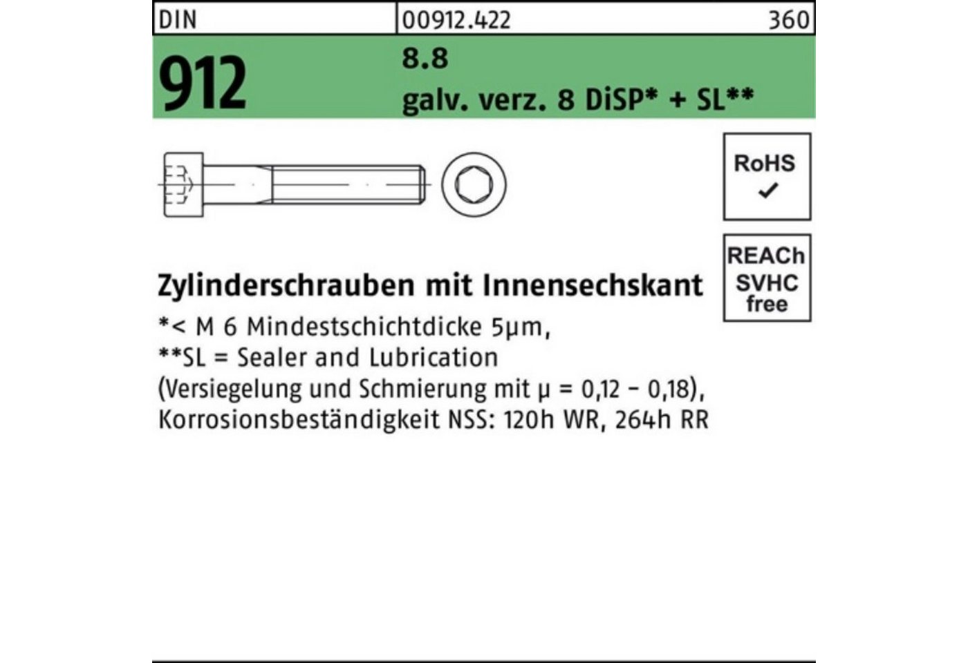 Reyher Zylinderschraube 100er Pack Zylinderschraube DIN 912 Innen-6kt M10x65 8.8 gal Zn 8 DiSP von Reyher